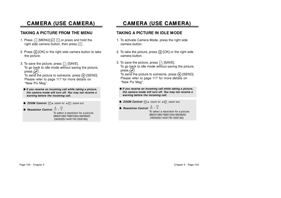 Audiovox CDM8940 manual Camera USE Camera, Taking a Picture from the Menu, Taking a Picture in Idle Mode 