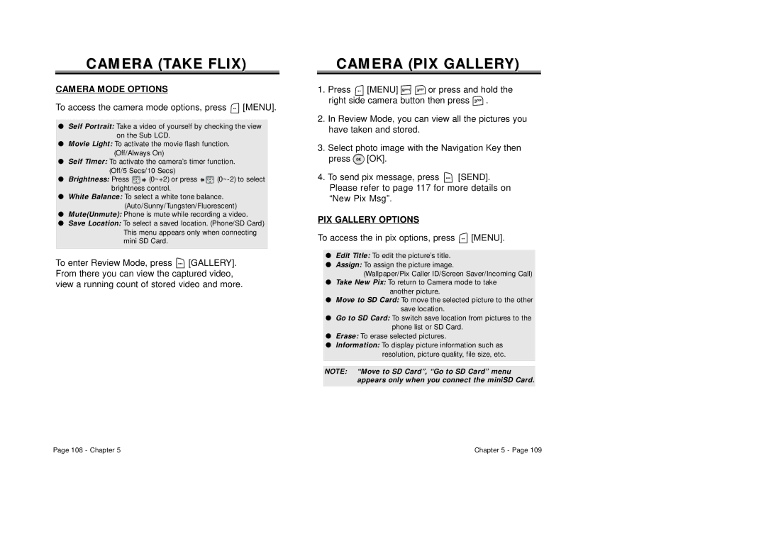 Audiovox CDM8940 manual Camera Take Flix, PIX Gallery Options, To access the in pix options, press Menu 