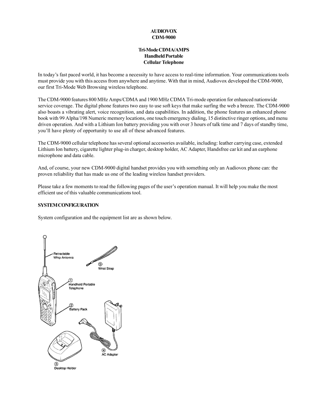 Audiovox CDM9000 operation manual Systemconfiguration 