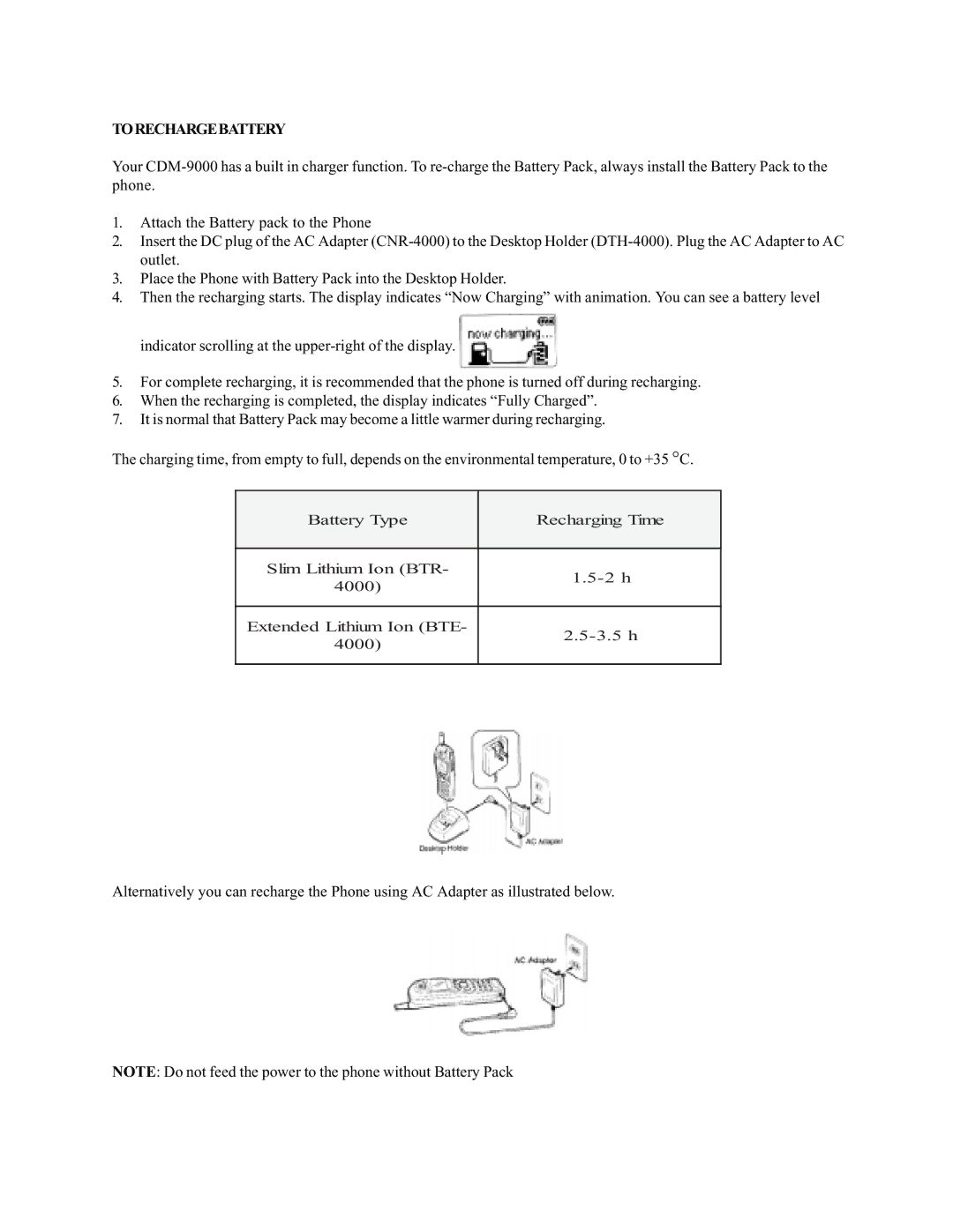 Audiovox CDM9000 operation manual Torechargebattery 