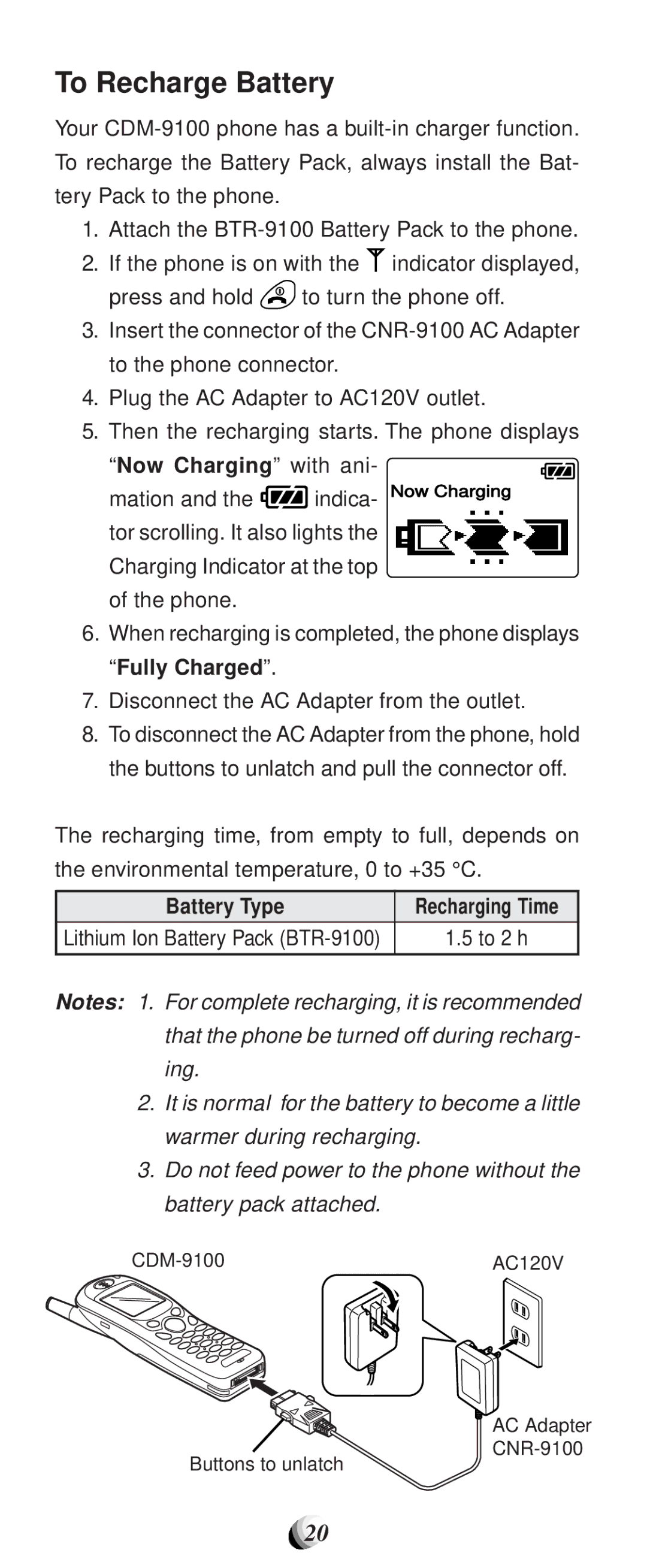 Audiovox CDM9100 manual To Recharge Battery, Battery Type 