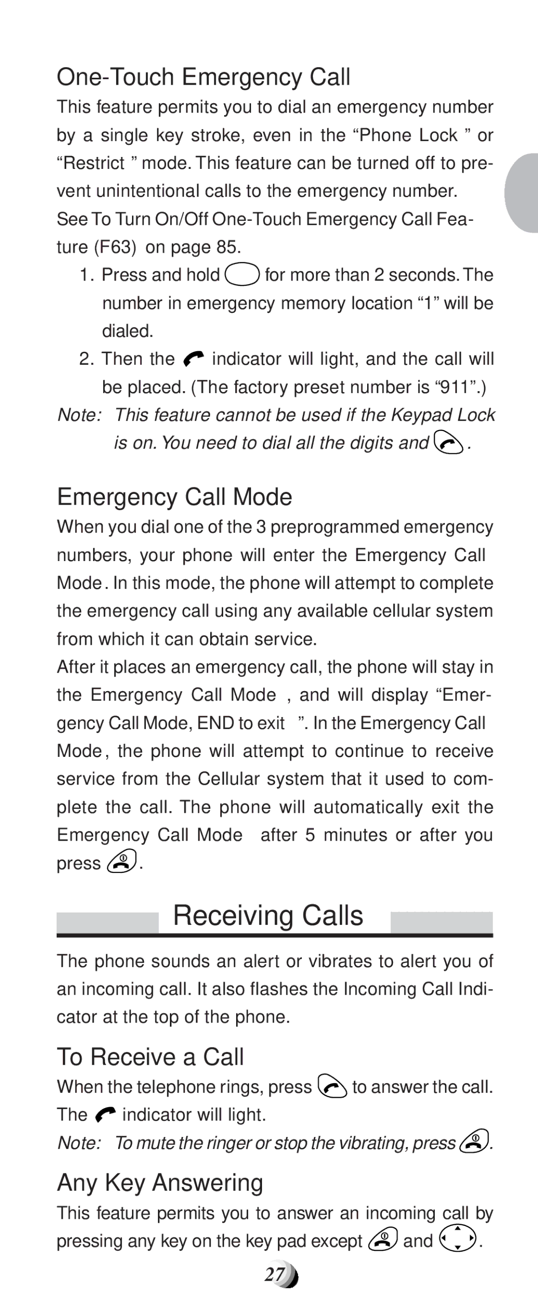 Audiovox CDM9100 Receiving Calls, One-Touch Emergency Call, Emergency Call Mode, To Receive a Call, Any Key Answering 