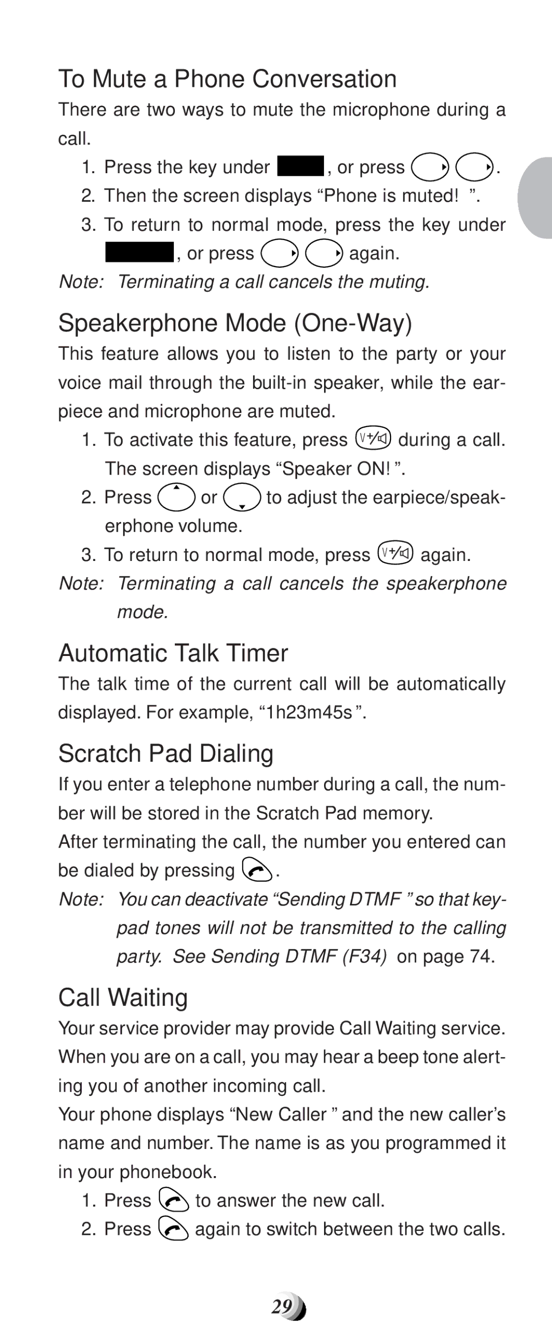 Audiovox CDM9100 manual To Mute a Phone Conversation, Speakerphone Mode One-Way, Automatic Talk Timer, Scratch Pad Dialing 