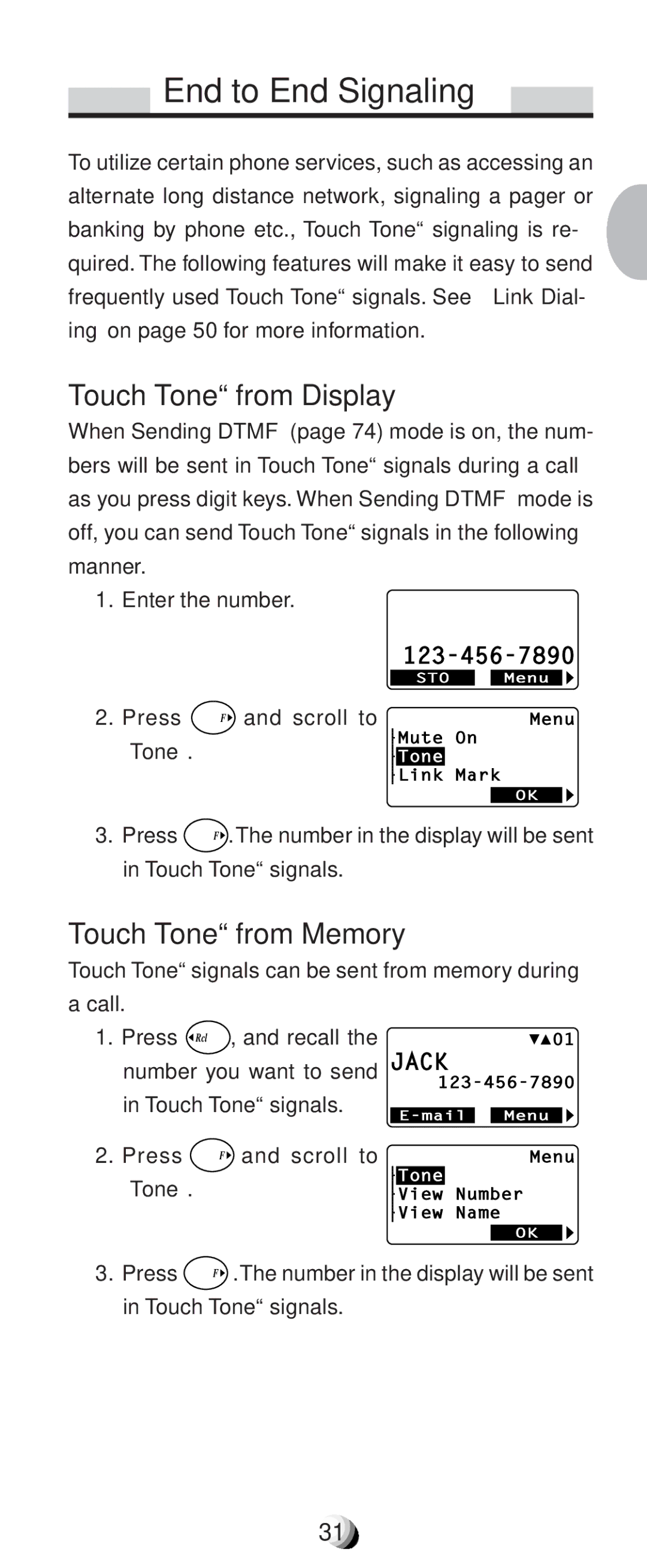 Audiovox CDM9100 manual End to End Signaling, Touch Tone from Display, Touch Tone from Memory 