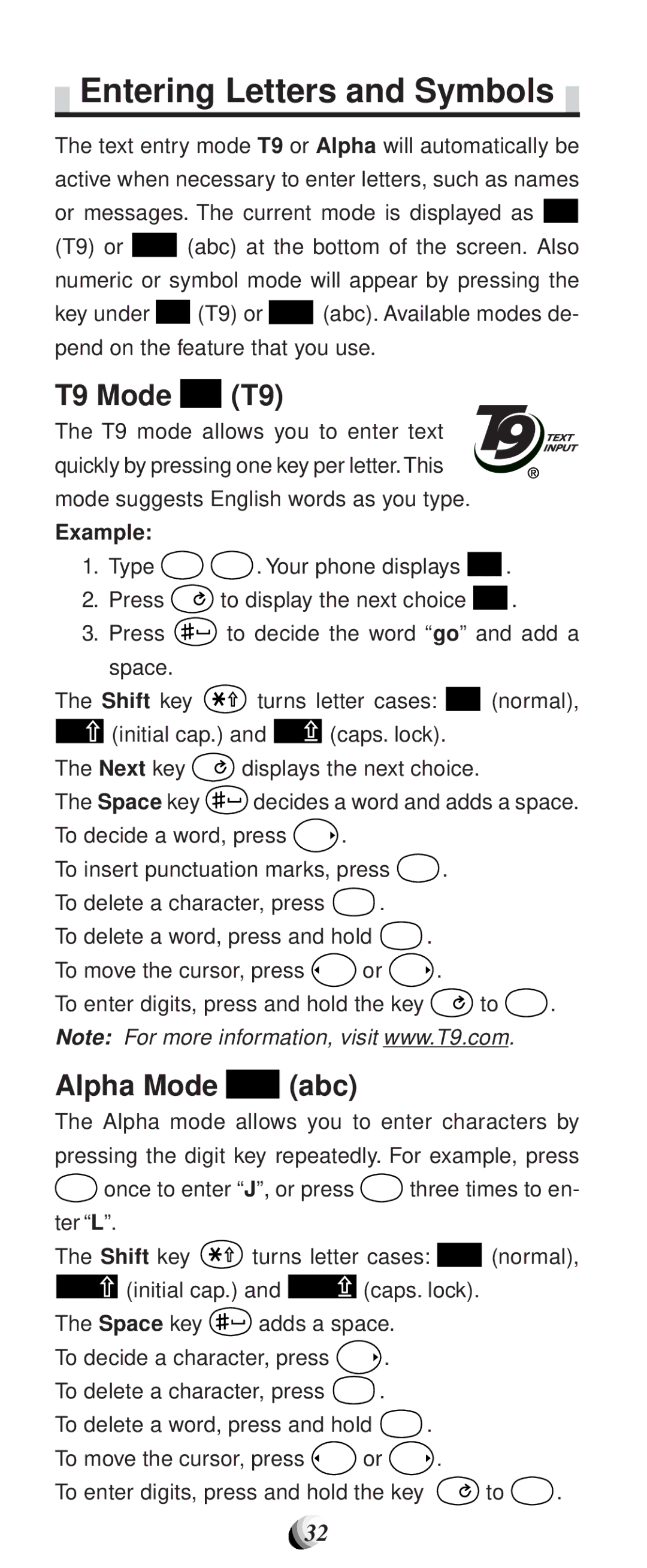 Audiovox CDM9100 manual Entering Letters and Symbols, T9 Mode T9 T9, Alpha Mode abc abc, Example 