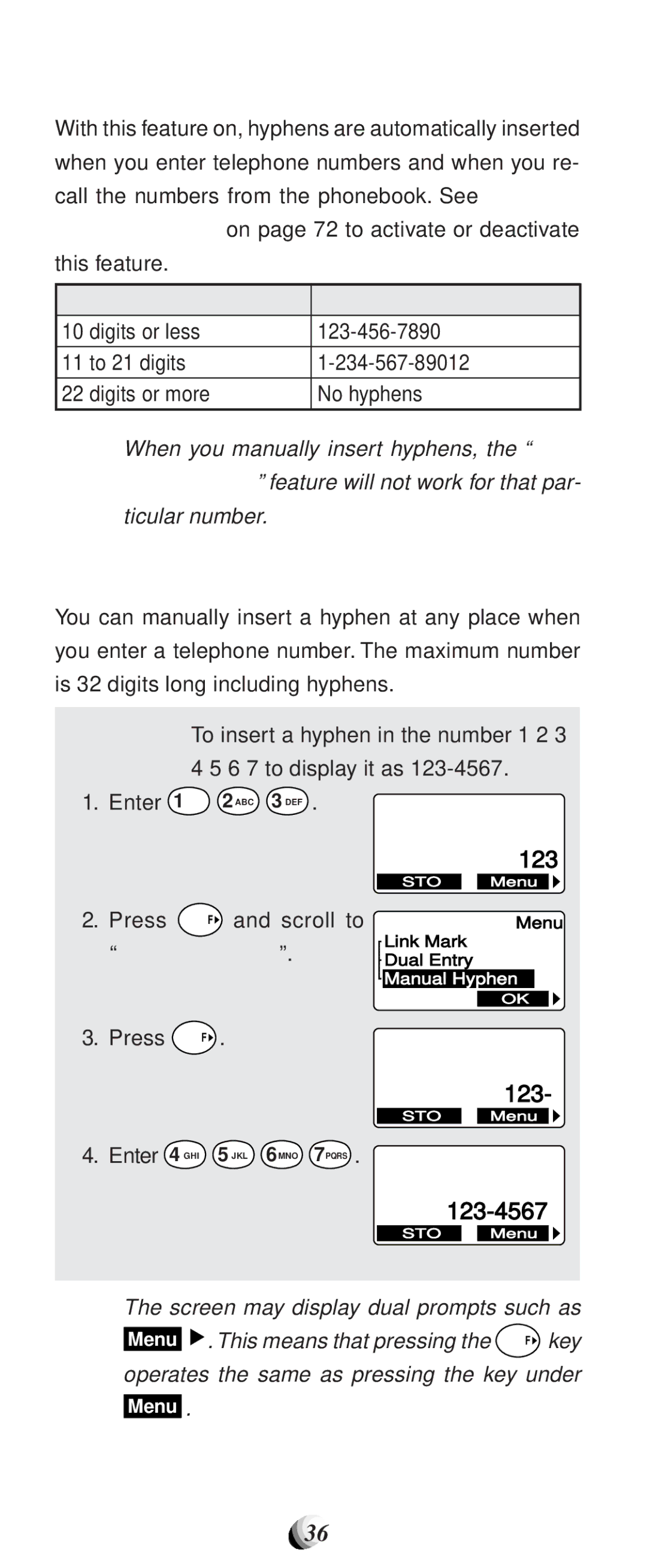 Audiovox CDM9100 manual Auto Hyphenation, Manual Hyphenation, Length of Number Display Example, Enter 