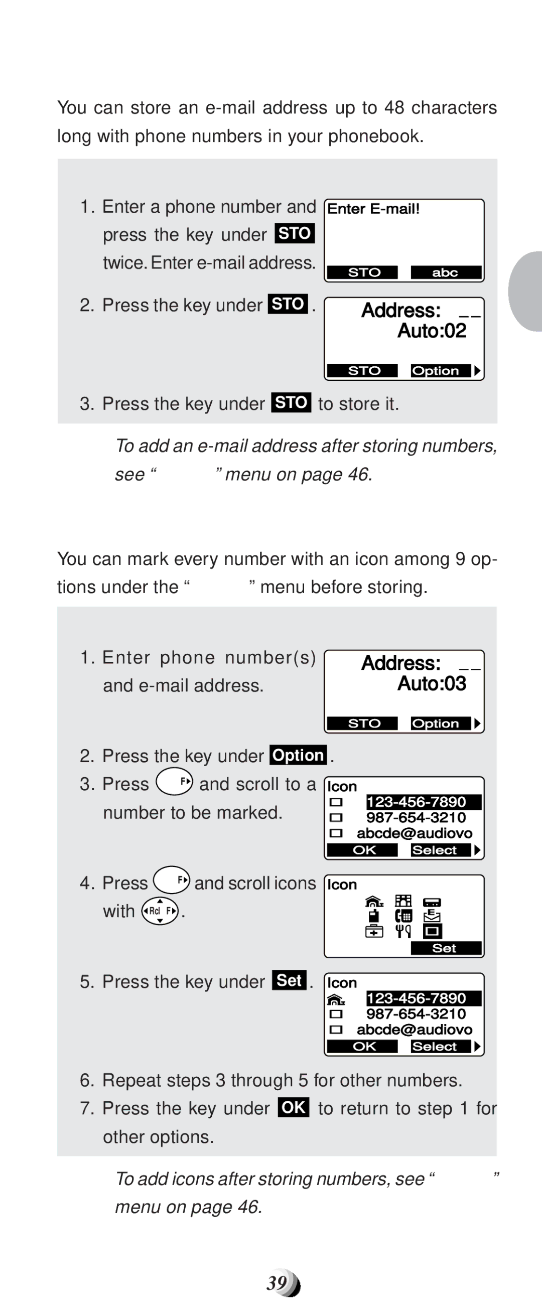 Audiovox CDM9100 manual To Store E-mail Address, To Mark Numbers with Icon 