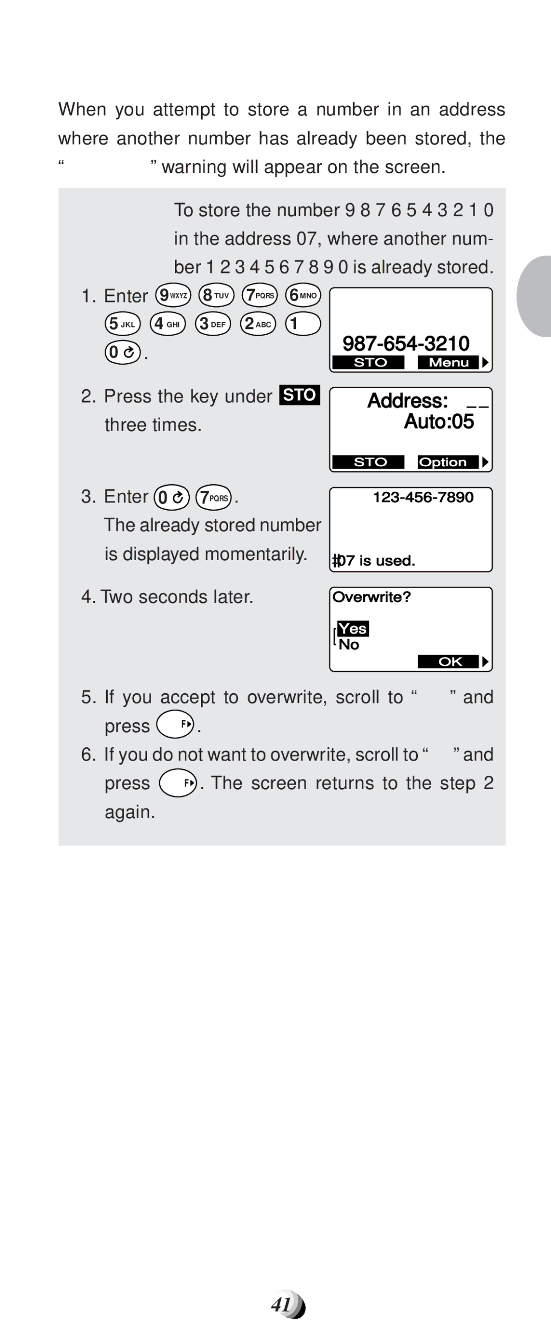 Audiovox CDM9100 manual Overwrite Warning, Three times, Already stored number Is displayed momentarily, Two seconds later 