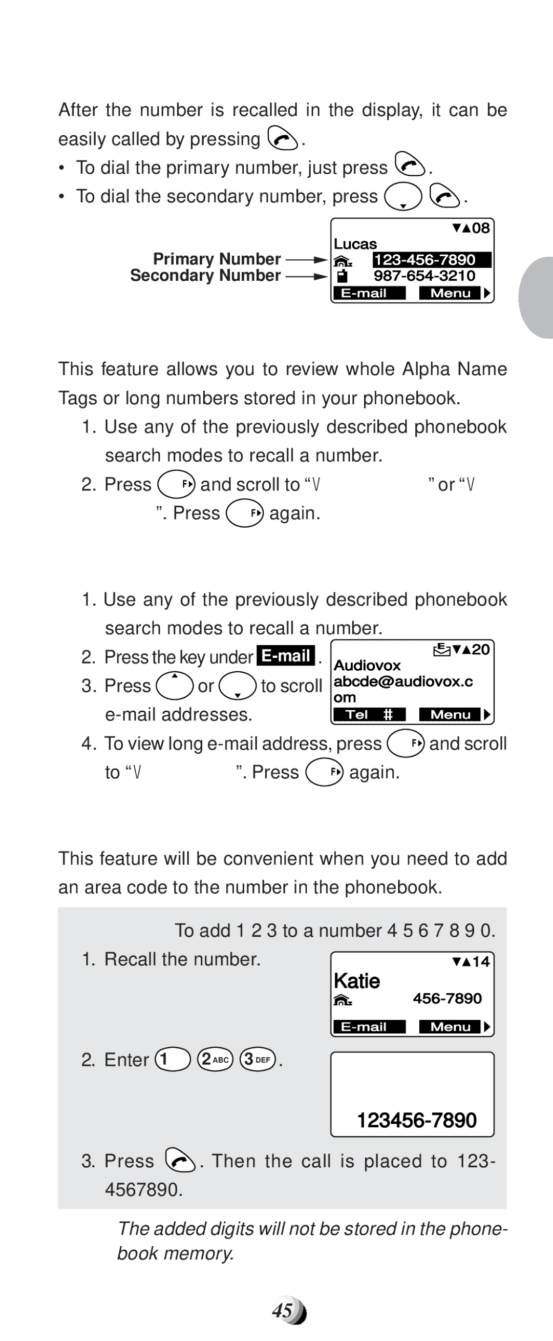 Audiovox CDM9100 To Dial Dual Numbers, To Review Long Names and Numbers, To Review E-mail Address, Prepending Dialing 