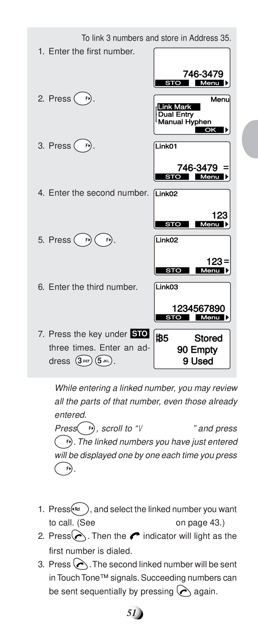 Audiovox CDM9100 manual To Place Calls Using Linked Numbers, Press 