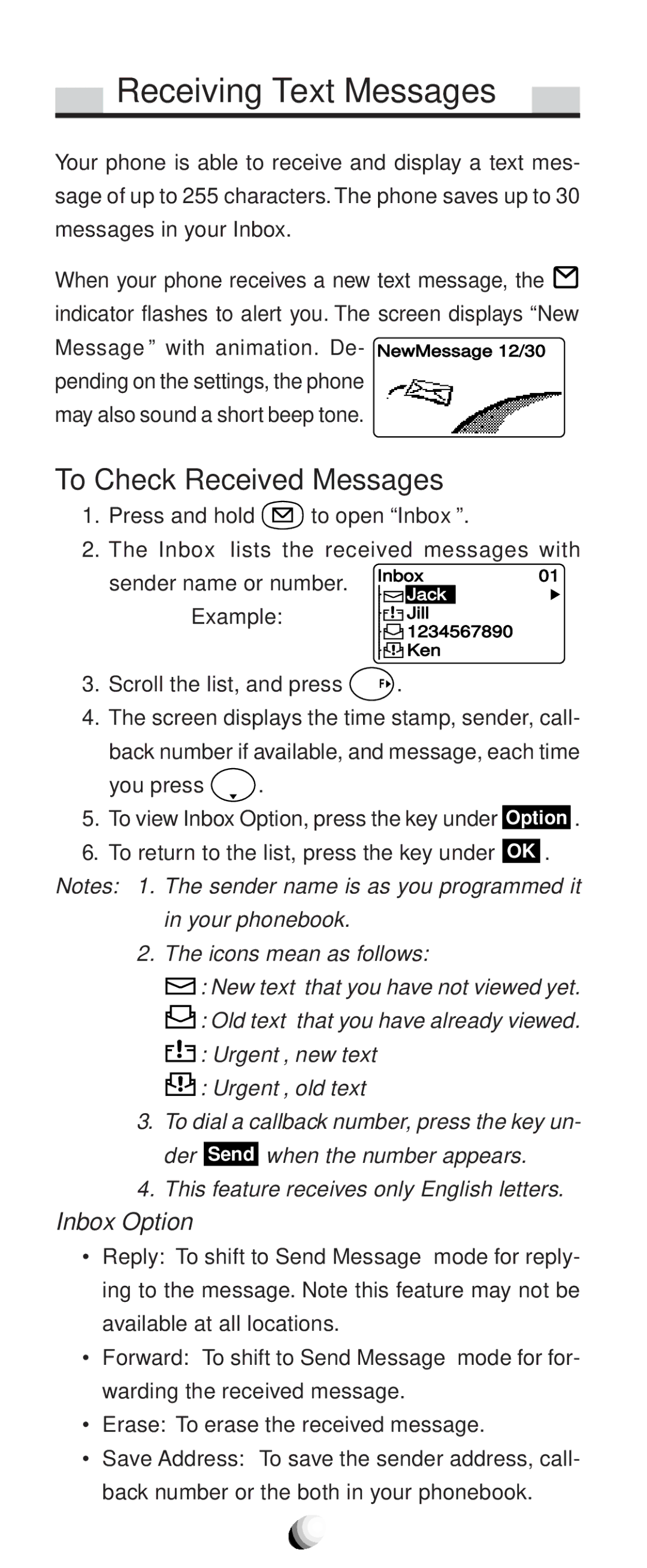 Audiovox CDM9100 manual Receiving Text Messages, To Check Received Messages, Inbox Option, Sender name or number 