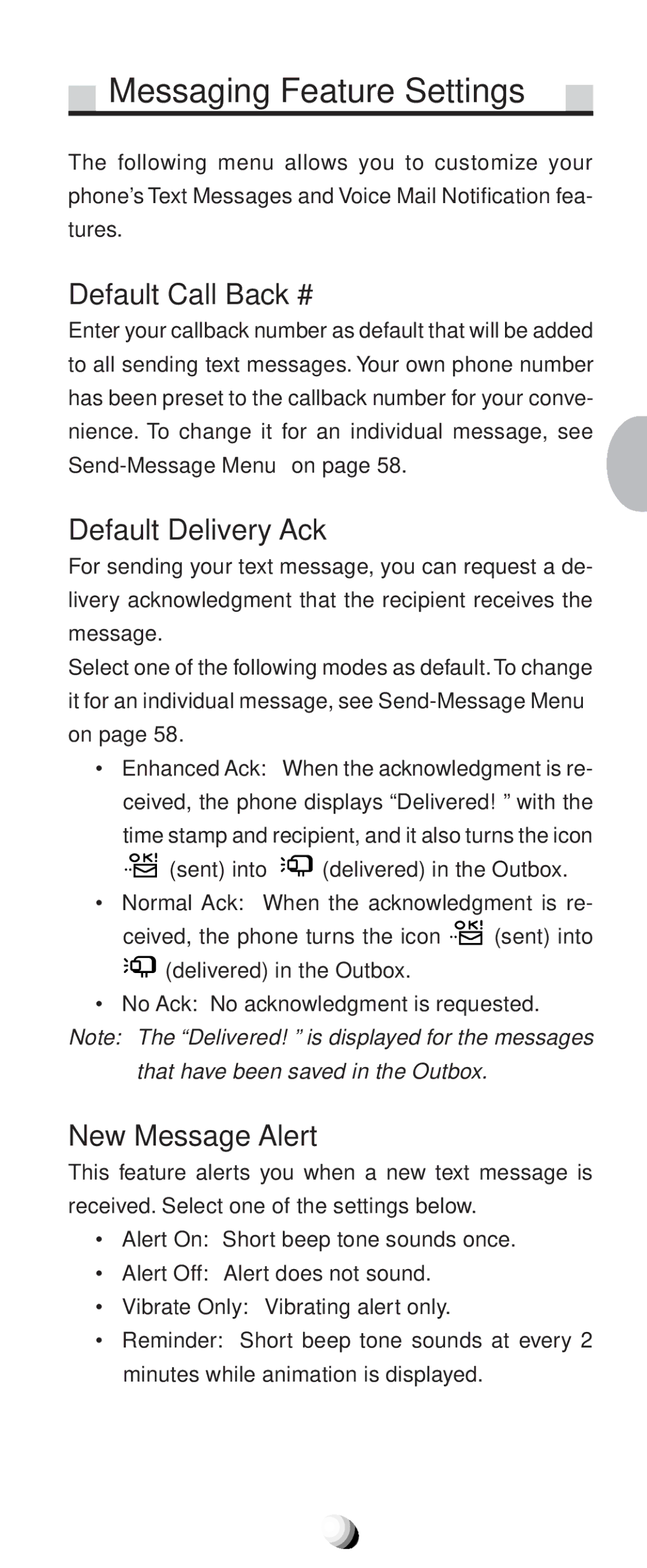 Audiovox CDM9100 manual Messaging Feature Settings, Default Call Back #, Default Delivery Ack, New Message Alert 