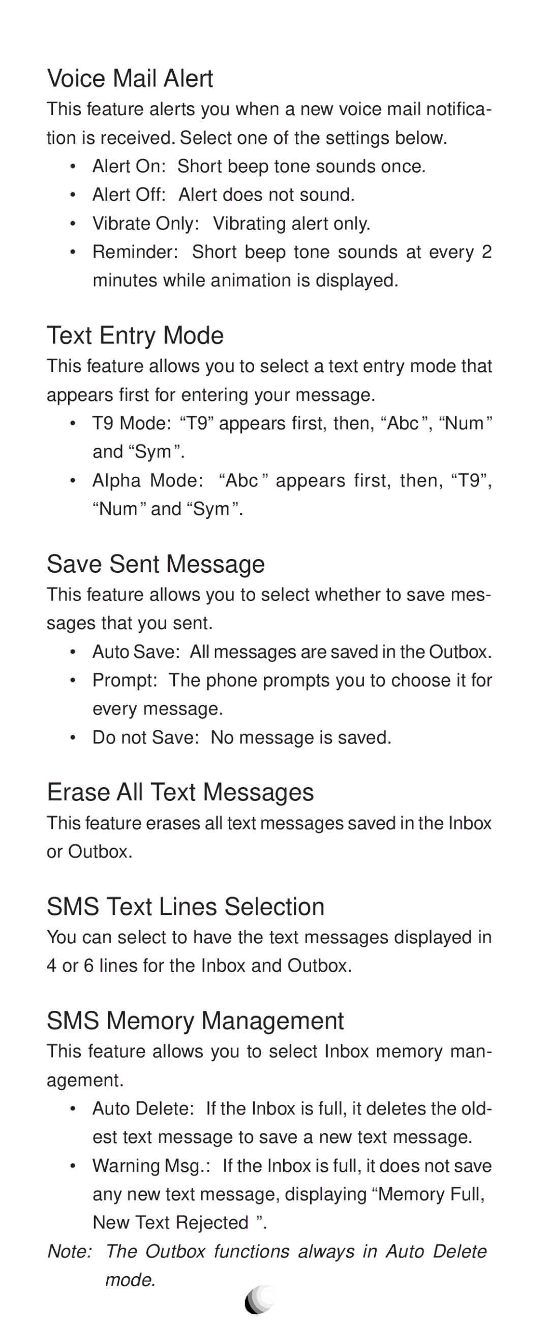 Audiovox CDM9100 Voice Mail Alert, Text Entry Mode, Save Sent Message, Erase All Text Messages, SMS Text Lines Selection 