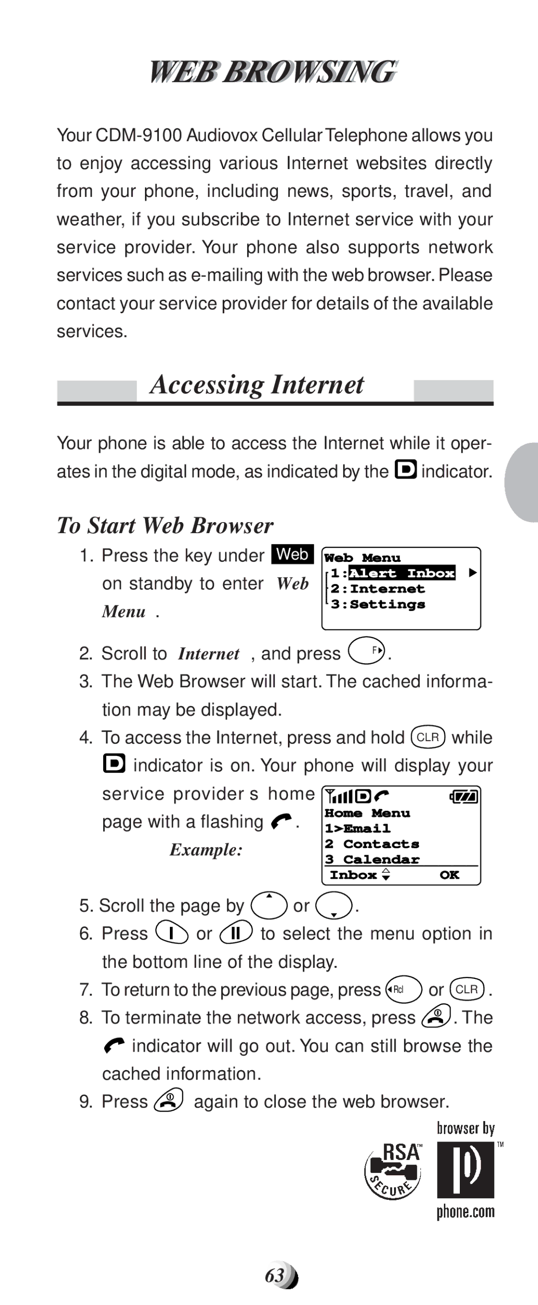 Audiovox CDM9100 manual WEB Browsingi, Accessing Internet, To Start Web Browser, With a flashing 