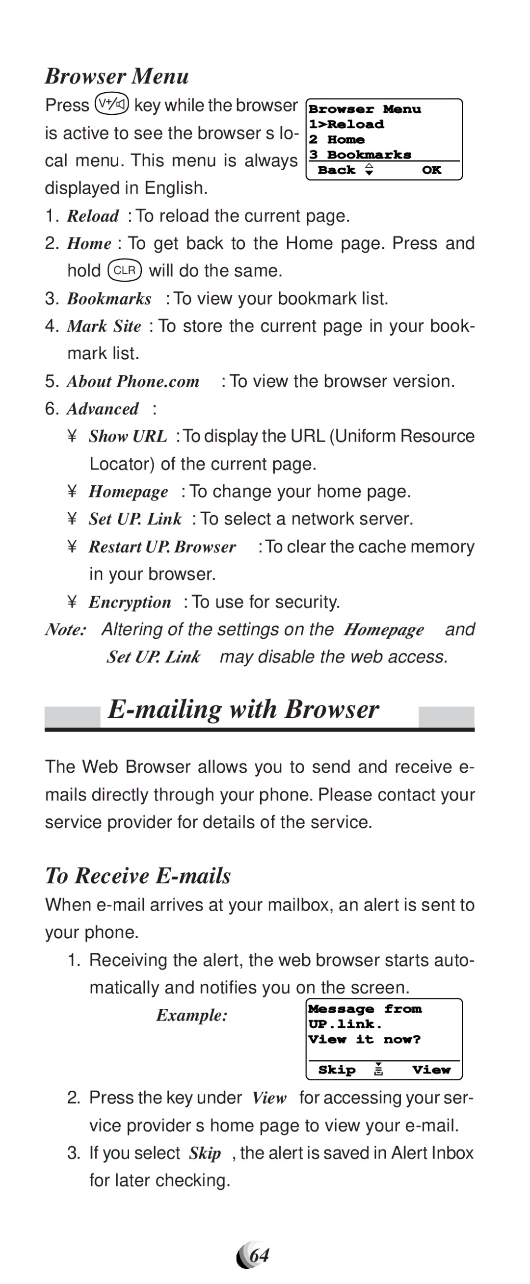 Audiovox CDM9100 manual Mailing with Browser, Browser Menu, To Receive E-mails 