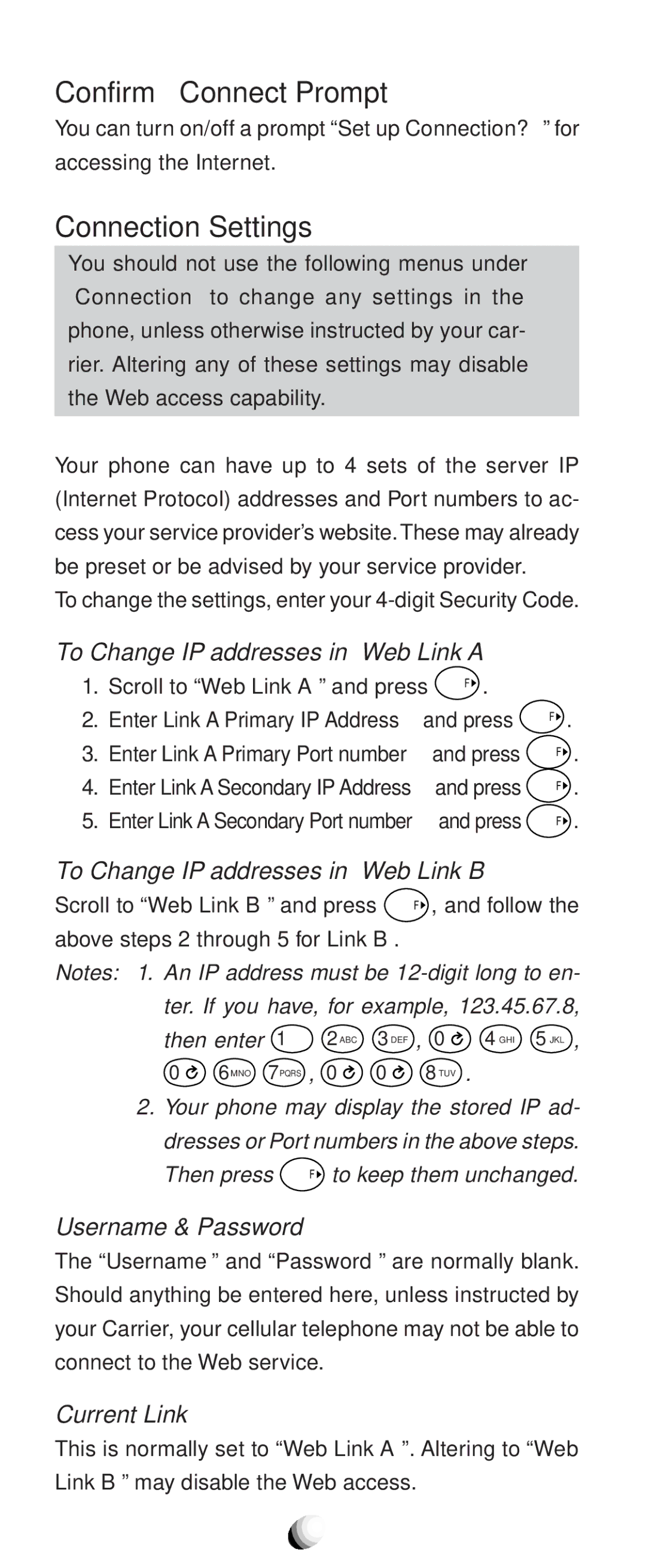 Audiovox CDM9100 Confirm Connect Prompt, Connection Settings, To Change IP addresses in Web Link a, Username & Password 