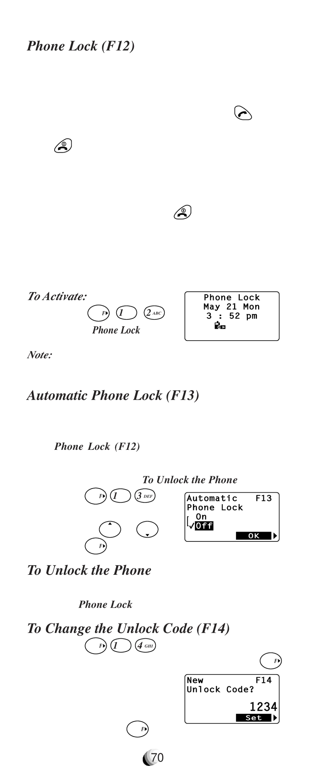 Audiovox CDM9100 Phone Lock F12, Automatic Phone Lock F13, To Unlock the Phone, To Change the Unlock Code F14, To Activate 