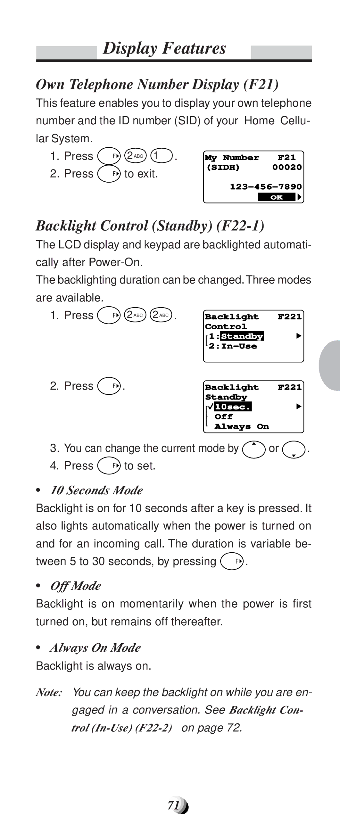 Audiovox CDM9100 manual Display Features, Own Telephone Number Display F21, Seconds Mode, Off Mode, Always On Mode 
