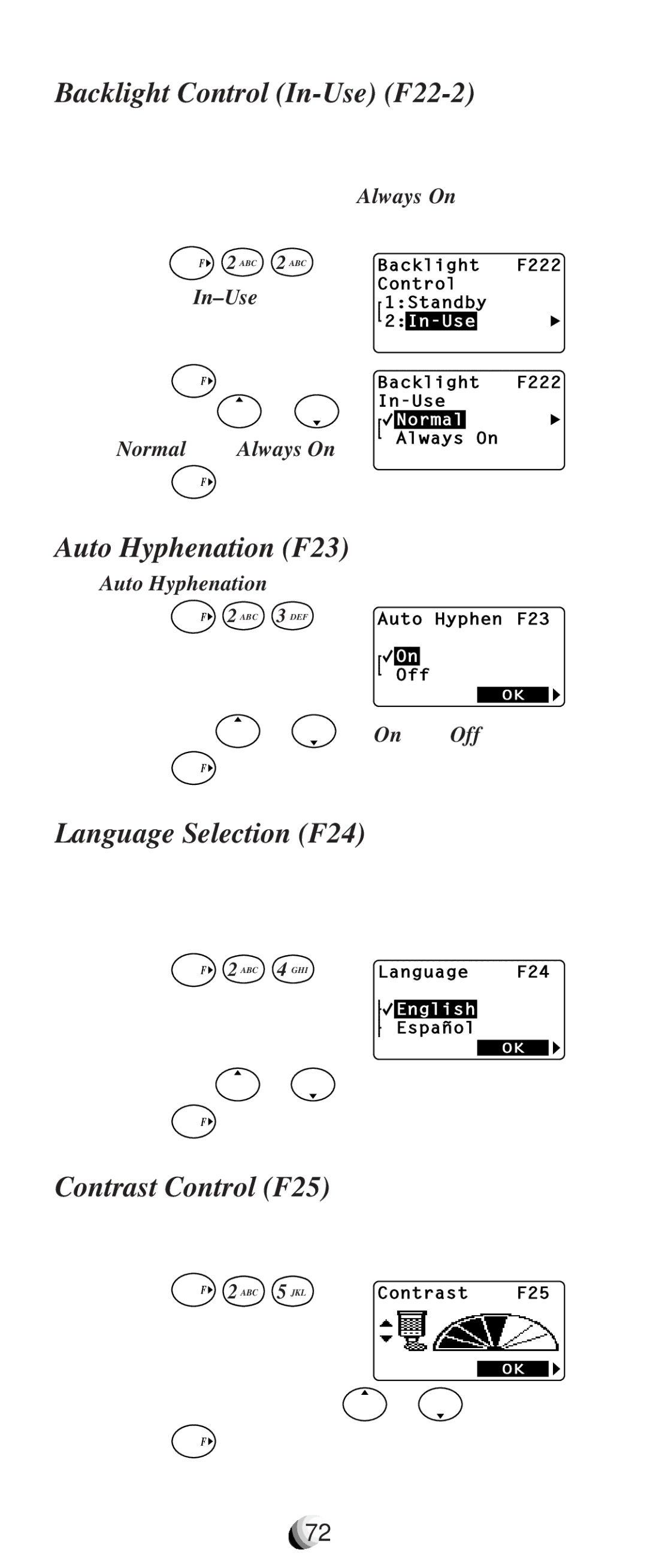 Audiovox CDM9100 manual Backlight Control In-Use F22-2, Auto Hyphenation F23, Language Selection F24, Contrast Control F25 