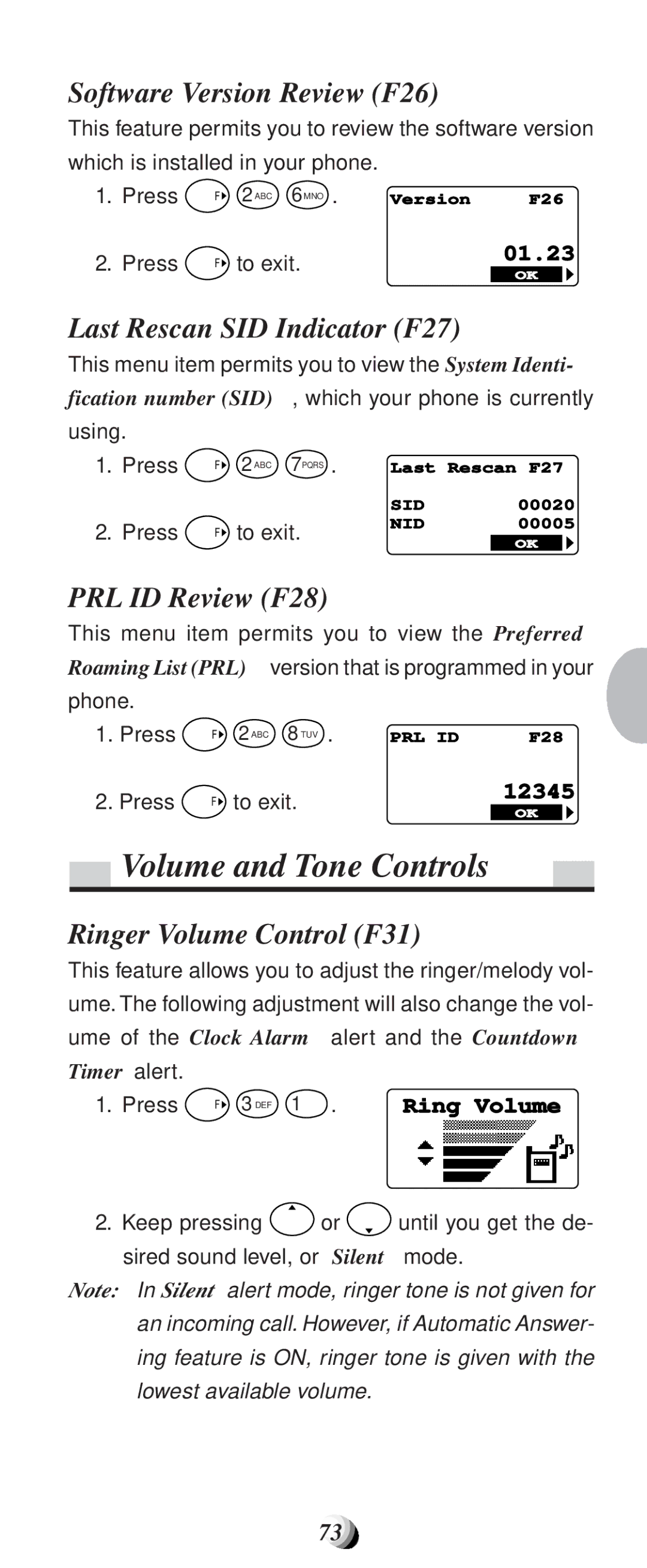 Audiovox CDM9100 Volume and Tone Controls, Software Version Review F26, Last Rescan SID Indicator F27, PRL ID Review F28 