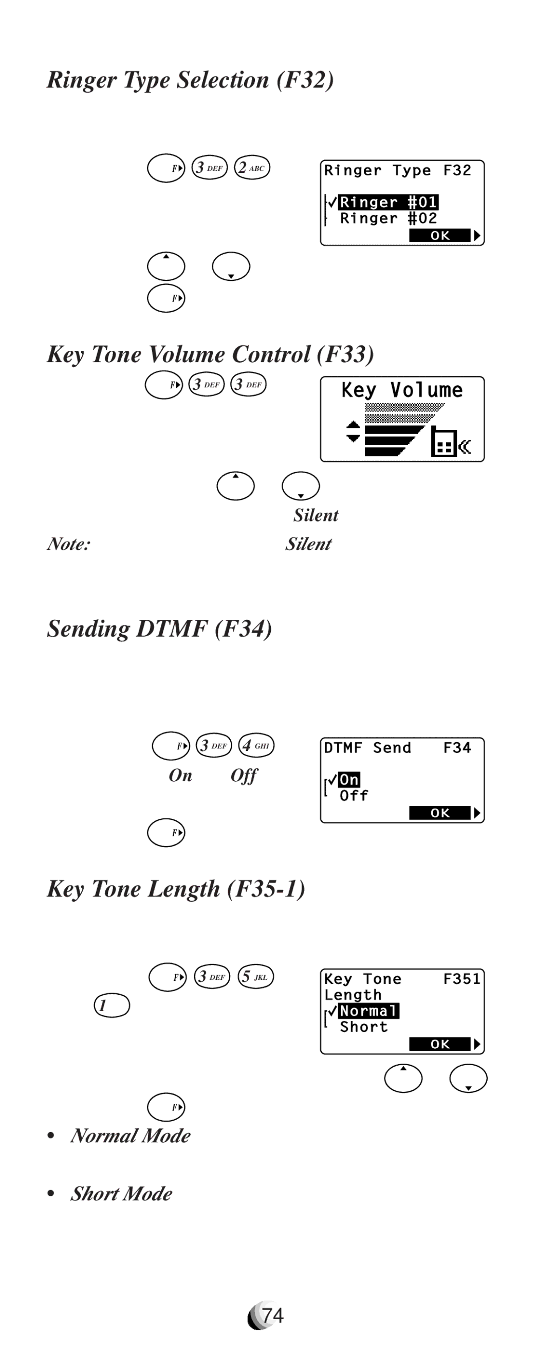 Audiovox CDM9100 manual Ringer Type Selection F32, Key Tone Volume Control F33, Sending Dtmf F34, Key Tone Length F35-1 