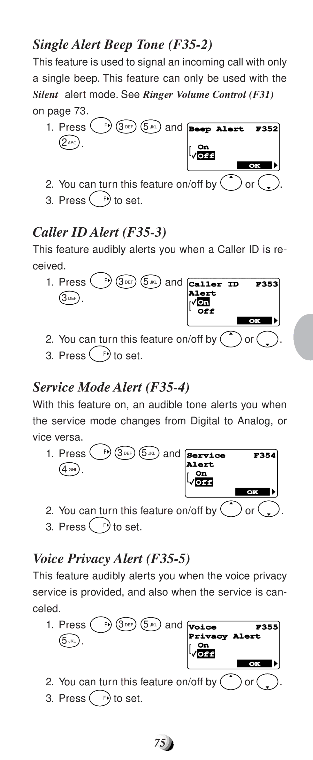 Audiovox CDM9100 Single Alert Beep Tone F35-2, Caller ID Alert F35-3, Service Mode Alert F35-4, Voice Privacy Alert F35-5 