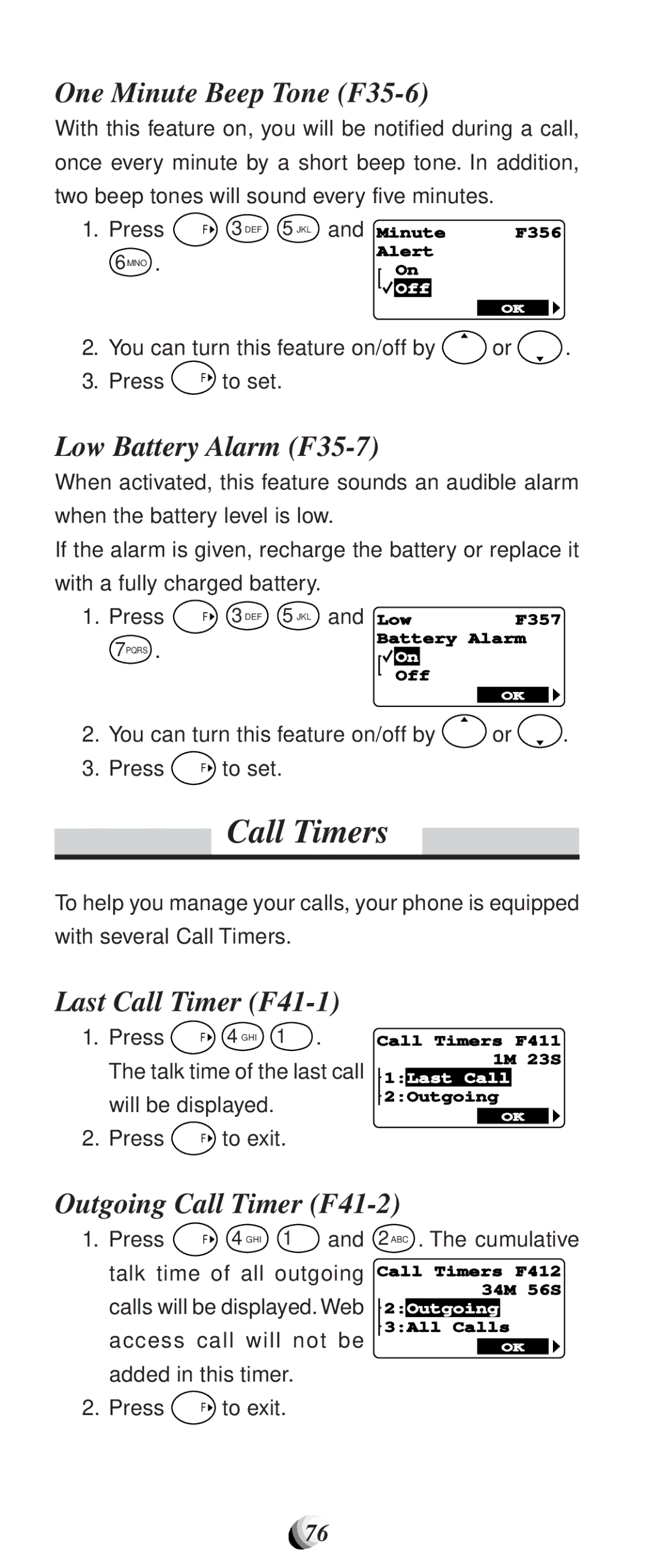 Audiovox CDM9100 manual Call Timers, One Minute Beep Tone F35-6, Low Battery Alarm F35-7, Last Call Timer F41-1 