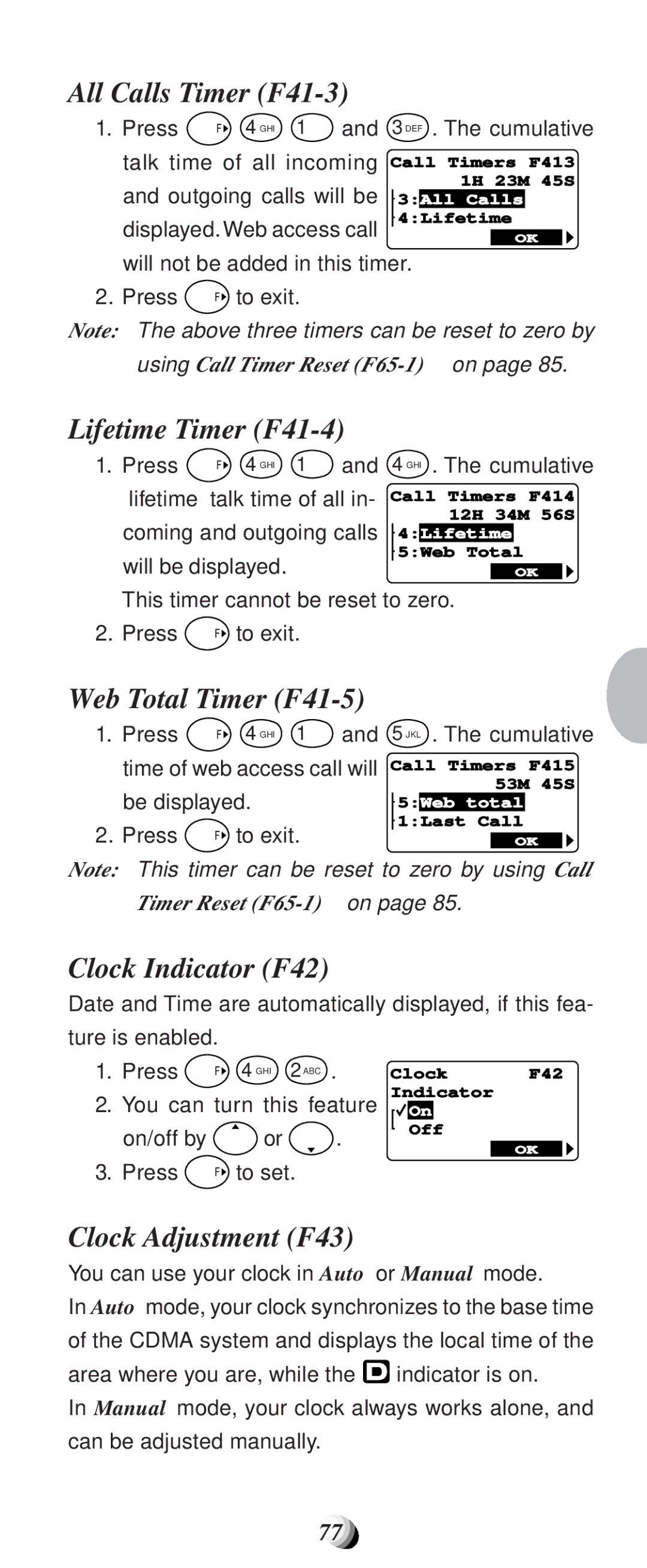 Audiovox CDM9100 manual All Calls Timer F41-3, Lifetime Timer F41-4, Web Total Timer F41-5, Clock Indicator F42 