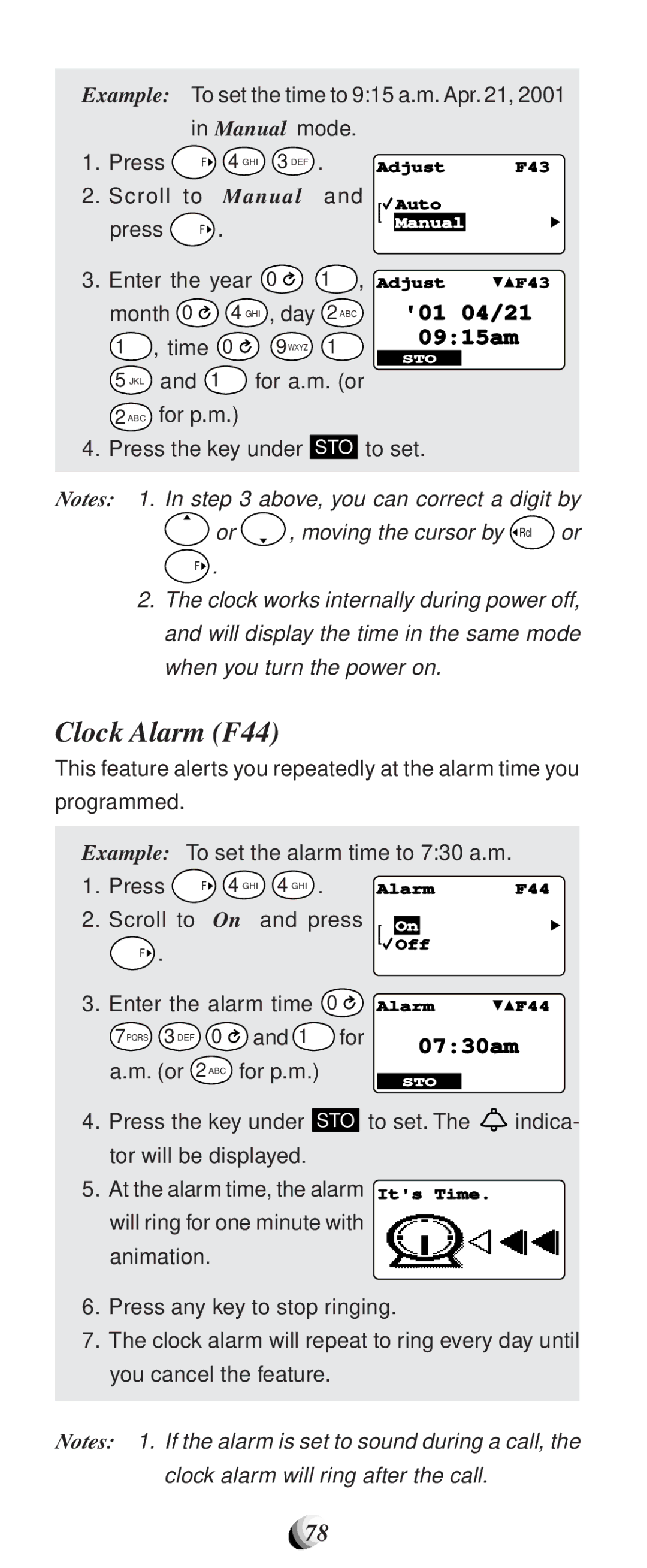 Audiovox CDM9100 manual Clock Alarm F44, Manual, Enter the alarm time 