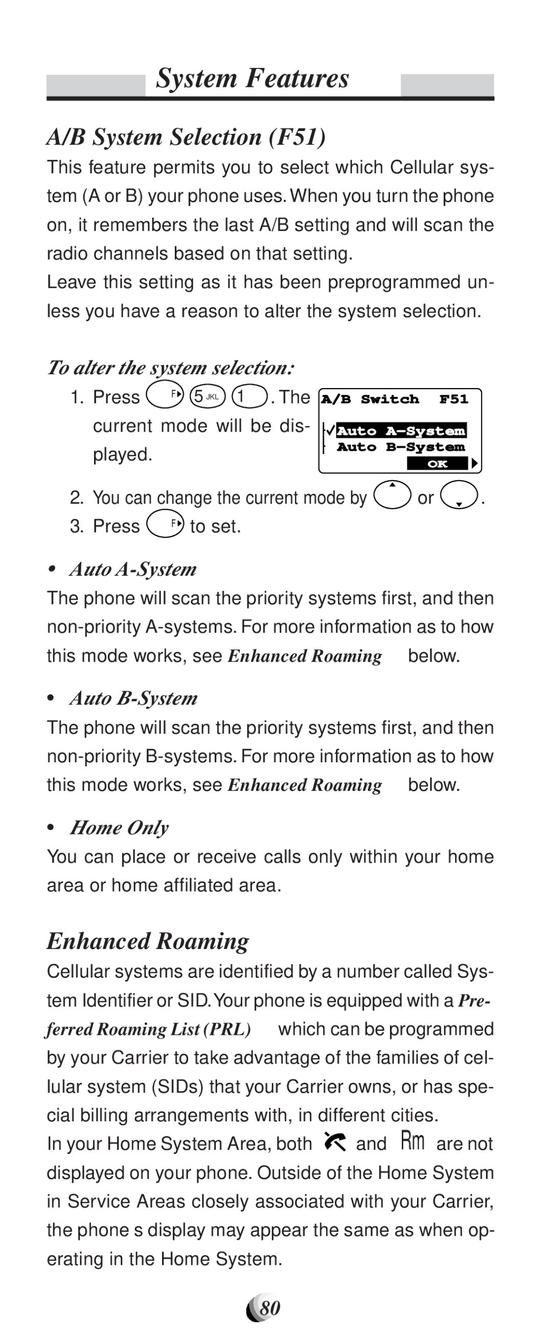 Audiovox CDM9100 manual System Features, System Selection F51, Enhanced Roaming 