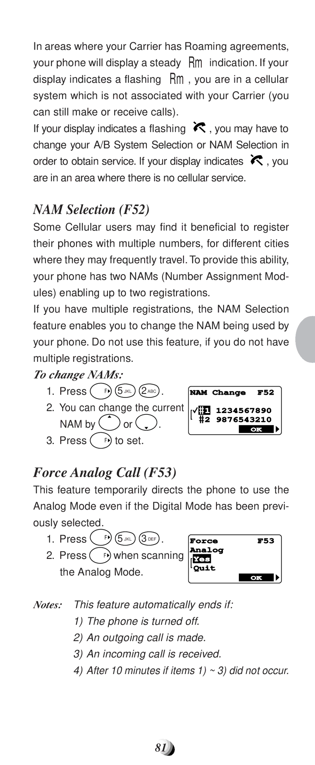 Audiovox CDM9100 manual NAM Selection F52, Force Analog Call F53, To change NAMs 