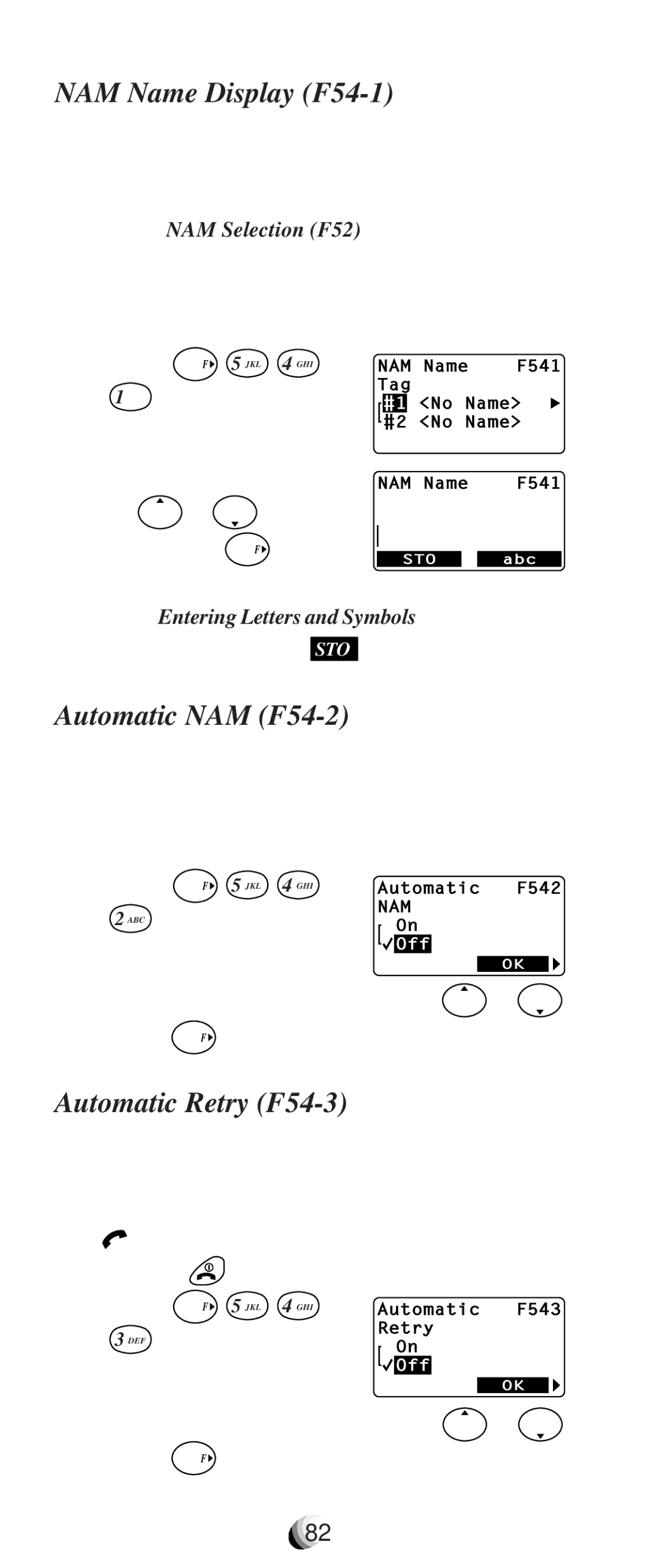 Audiovox CDM9100 NAM Name Display F54-1, Automatic NAM F54-2, Automatic Retry F54-3, See Entering Letters and Symbols on 