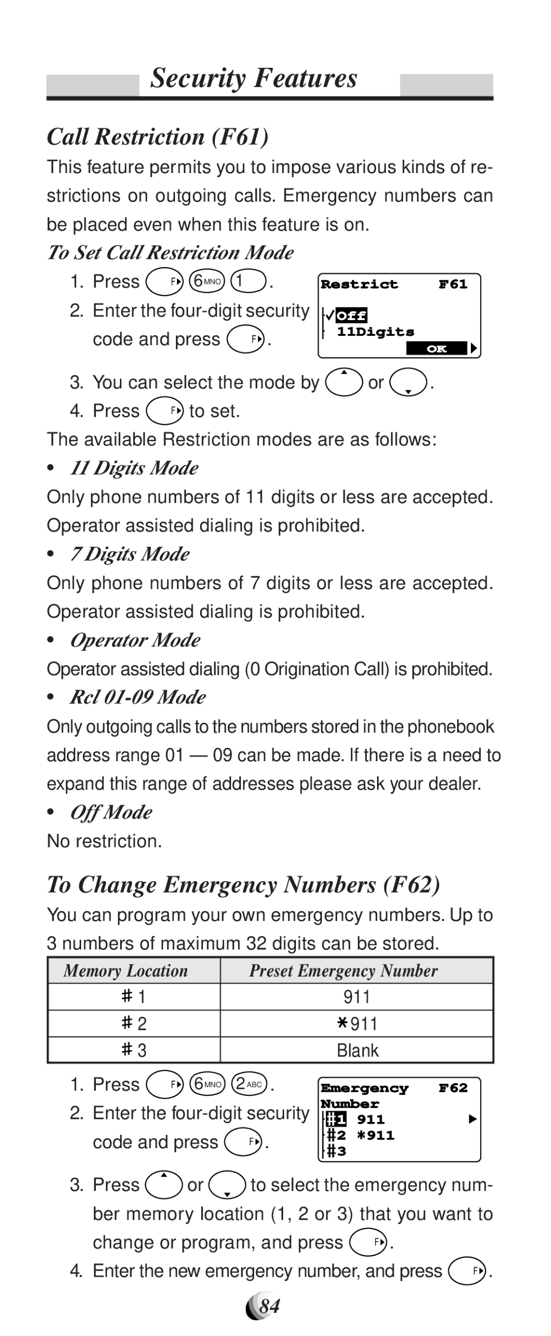 Audiovox CDM9100 manual Security Features, Call Restriction F61, To Change Emergency Numbers F62 