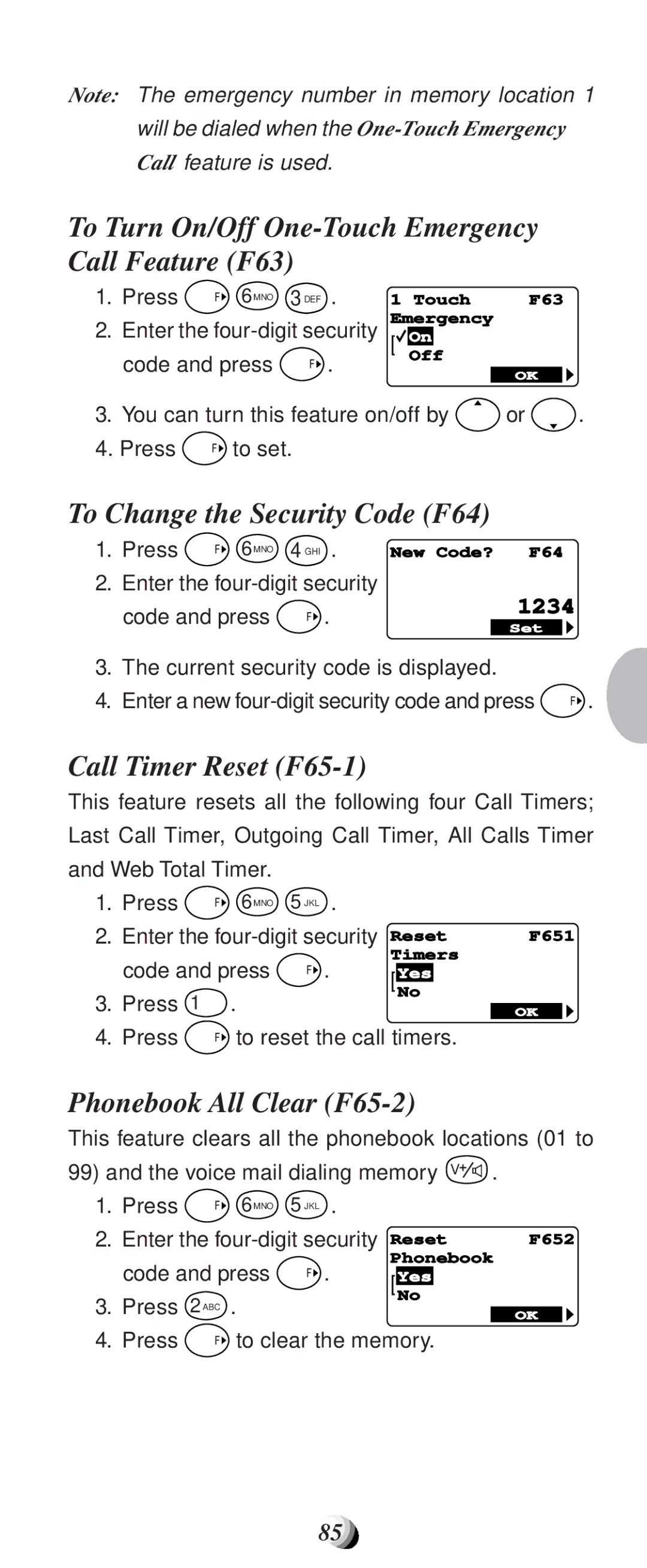 Audiovox CDM9100 manual To Turn On/Off One-Touch Emergency Call Feature F63, To Change the Security Code F64 