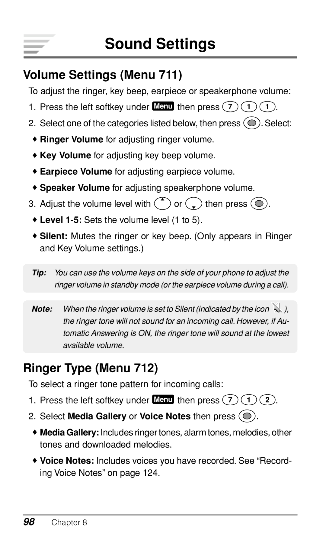 Audiovox CDM9900 owner manual Sound Settings, Volume Settings Menu, Ringer Type Menu 