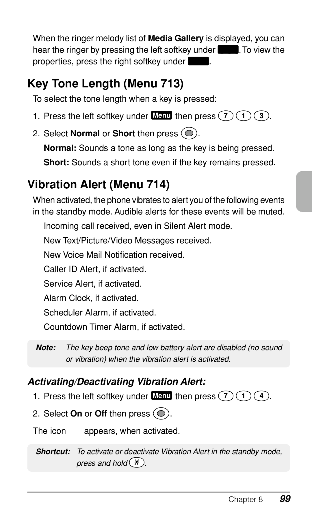 Audiovox CDM9900 owner manual Key Tone Length Menu, Vibration Alert Menu, Activating/Deactivating Vibration Alert 