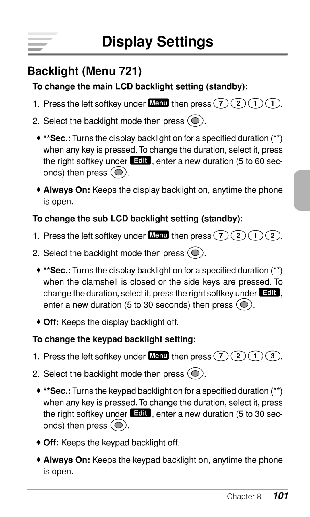 Audiovox CDM9900 owner manual Display Settings, Backlight Menu 