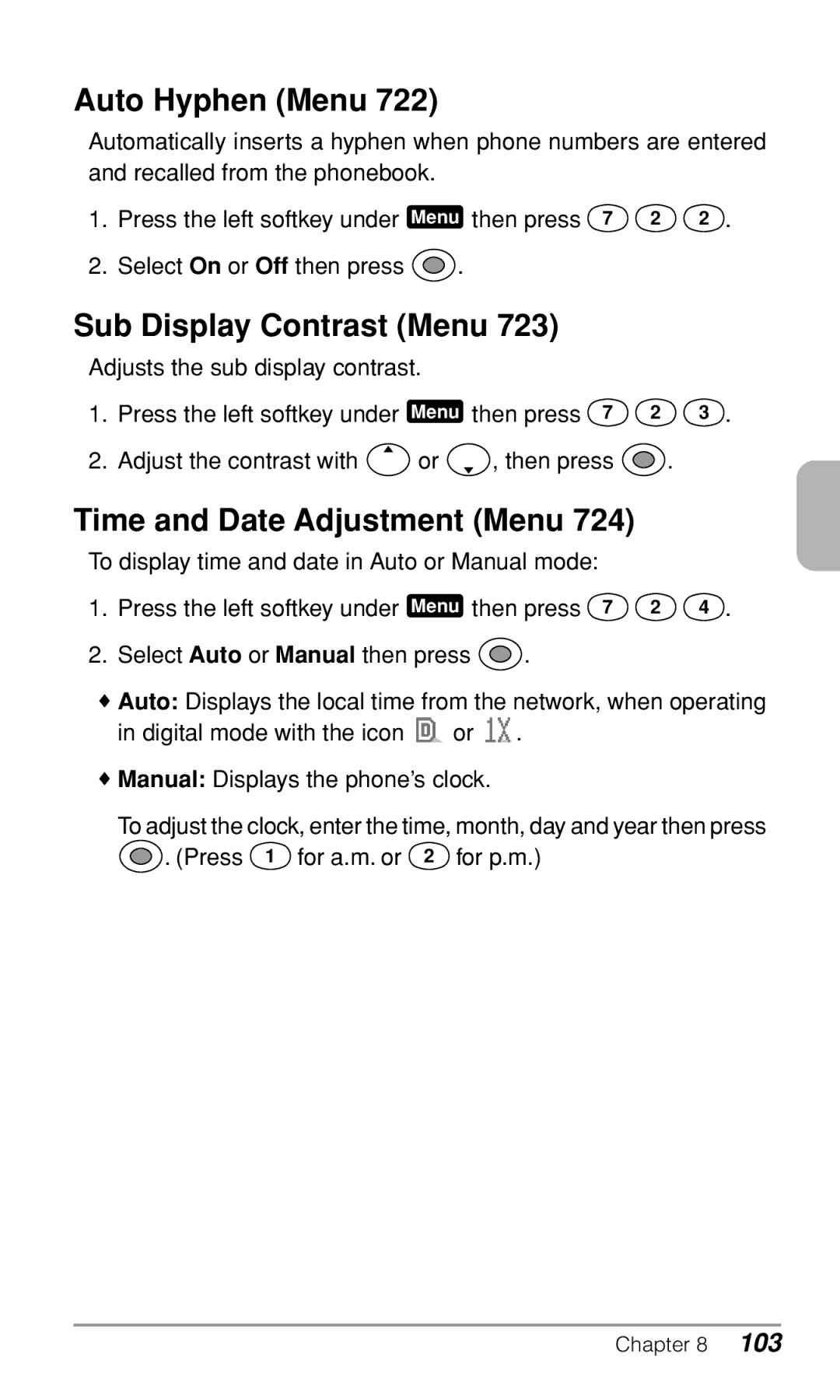 Audiovox CDM9900 owner manual Auto Hyphen Menu, Sub Display Contrast Menu, Time and Date Adjustment Menu 