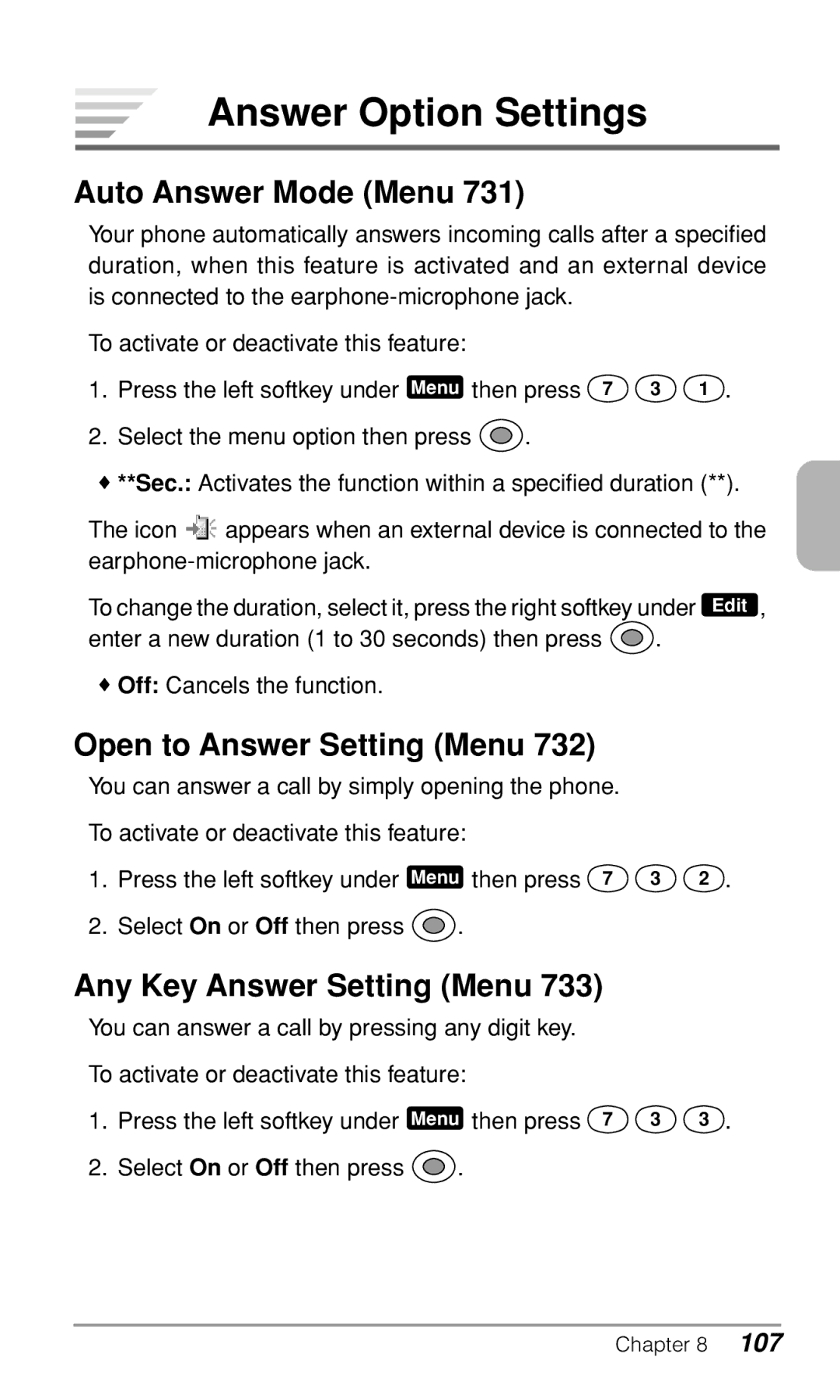 Audiovox CDM9900 Answer Option Settings, Auto Answer Mode Menu, Open to Answer Setting Menu, Any Key Answer Setting Menu 