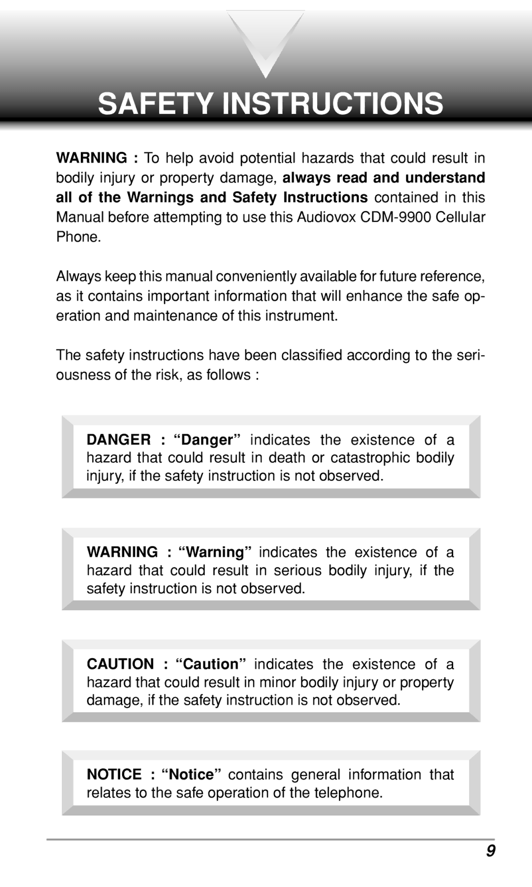 Audiovox CDM9900 owner manual Safety Instructions 