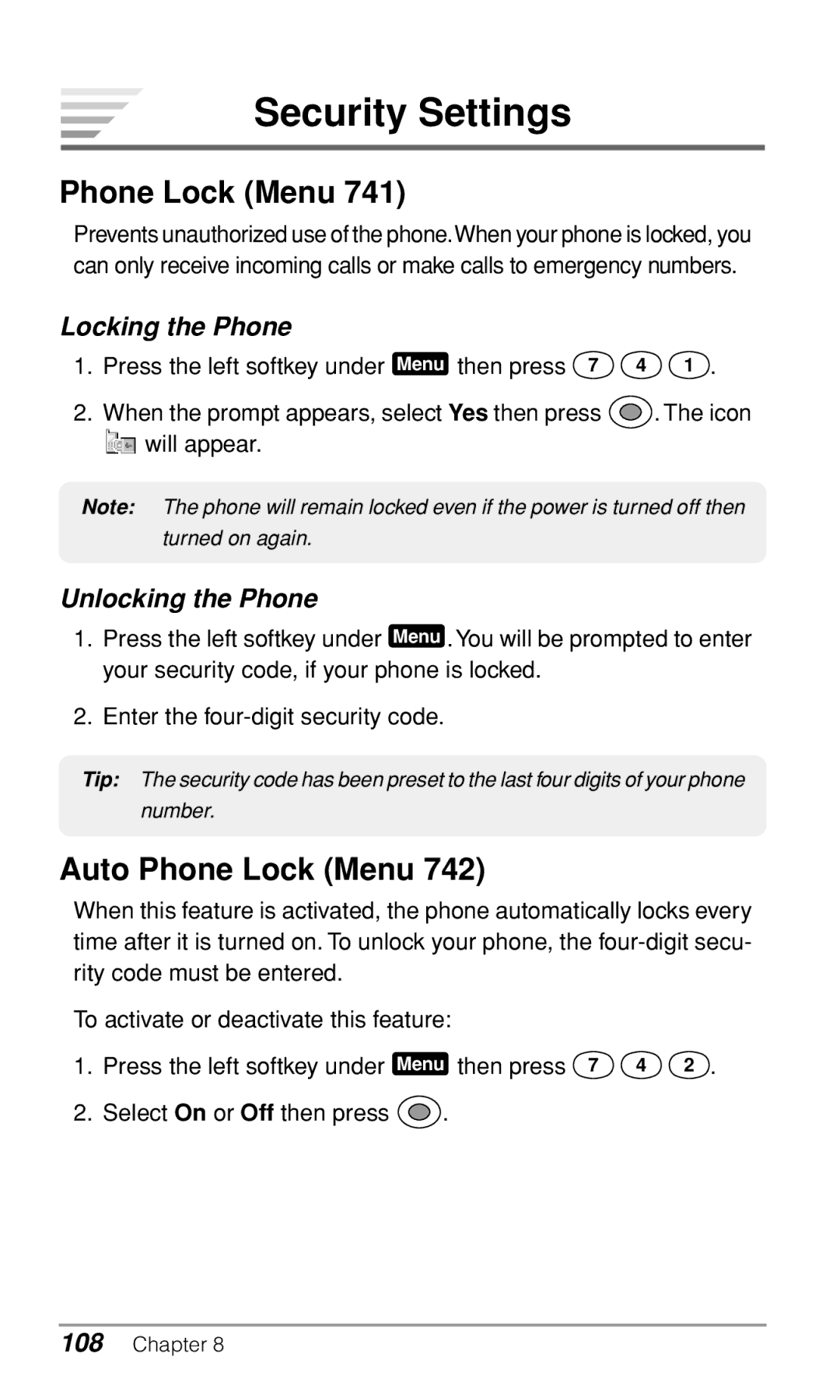 Audiovox CDM9900 owner manual Security Settings, Auto Phone Lock Menu, Locking the Phone, Unlocking the Phone 