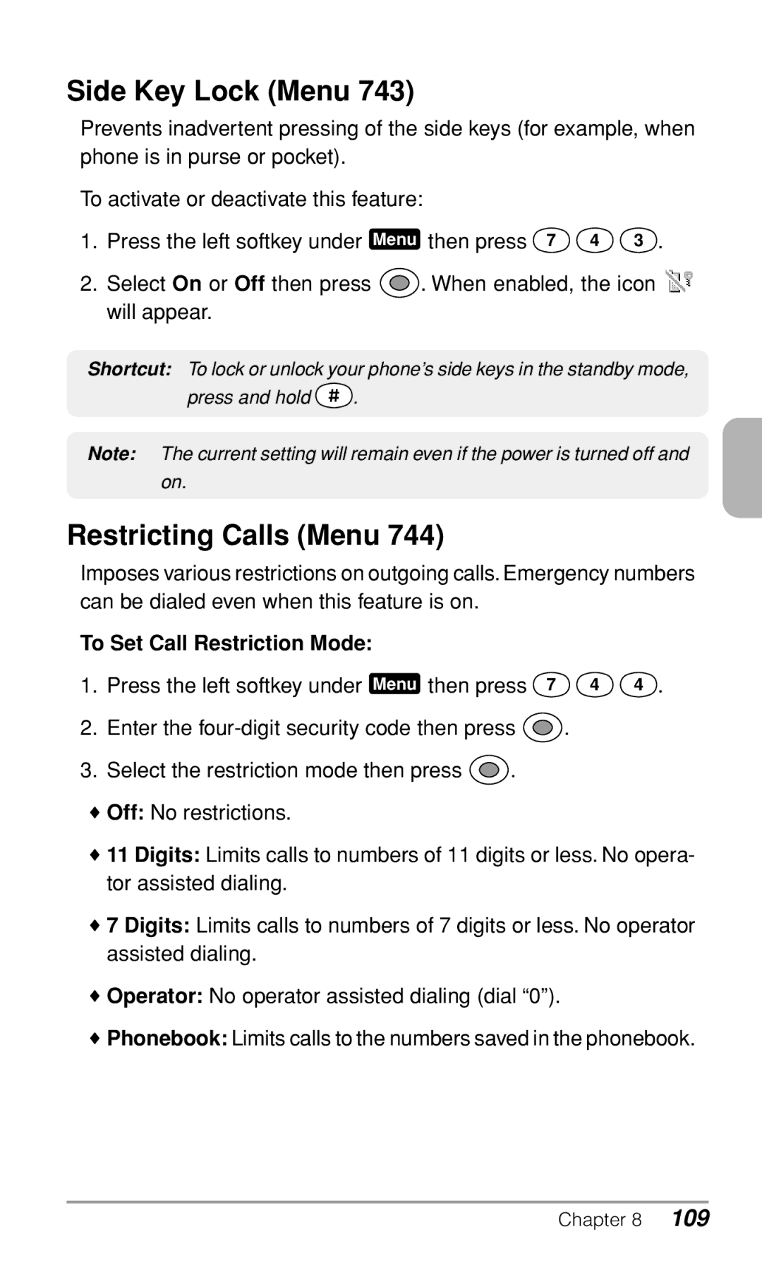 Audiovox CDM9900 owner manual Side Key Lock Menu, Restricting Calls Menu 