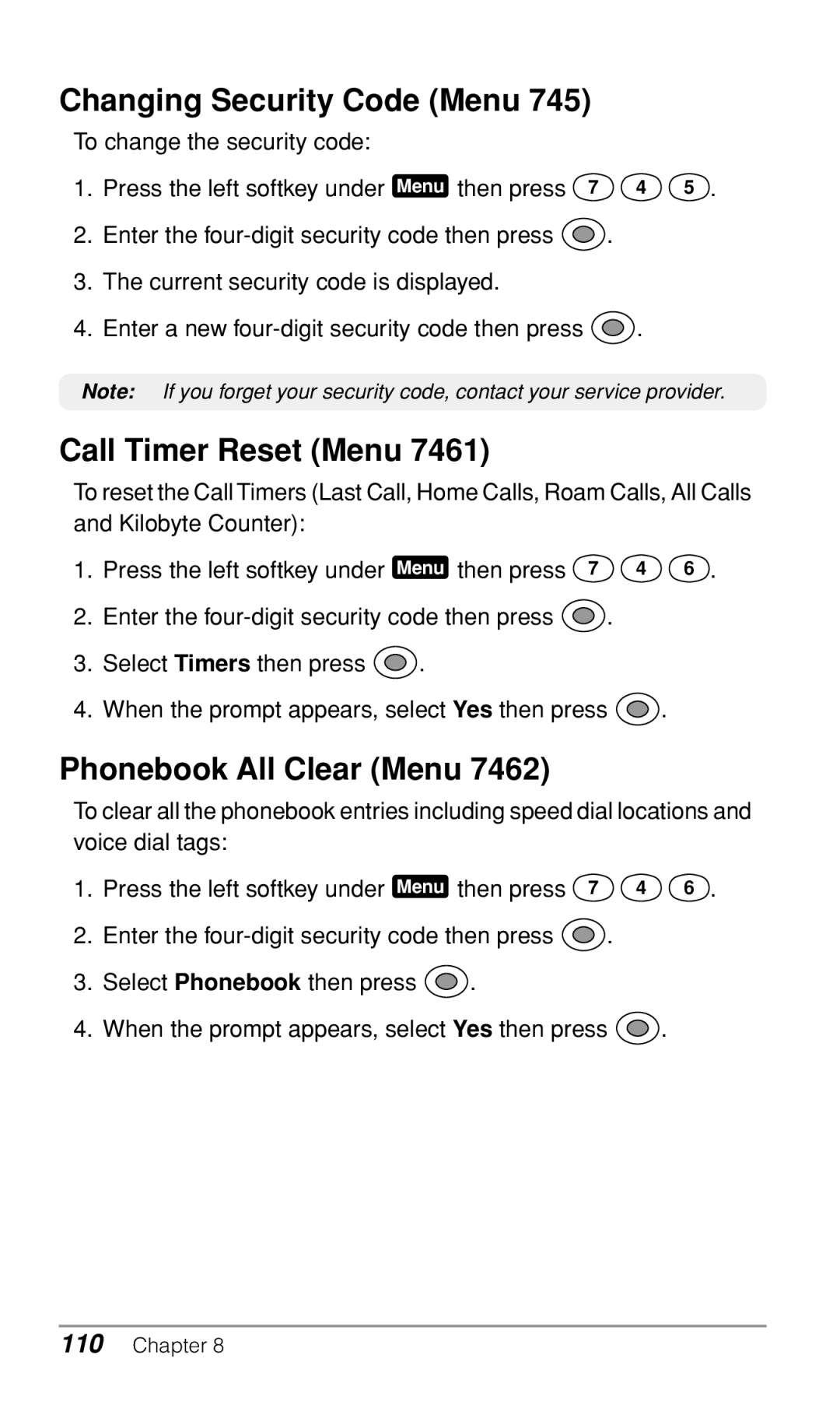 Audiovox CDM9900 owner manual Changing Security Code Menu, Call Timer Reset Menu, Phonebook All Clear Menu 