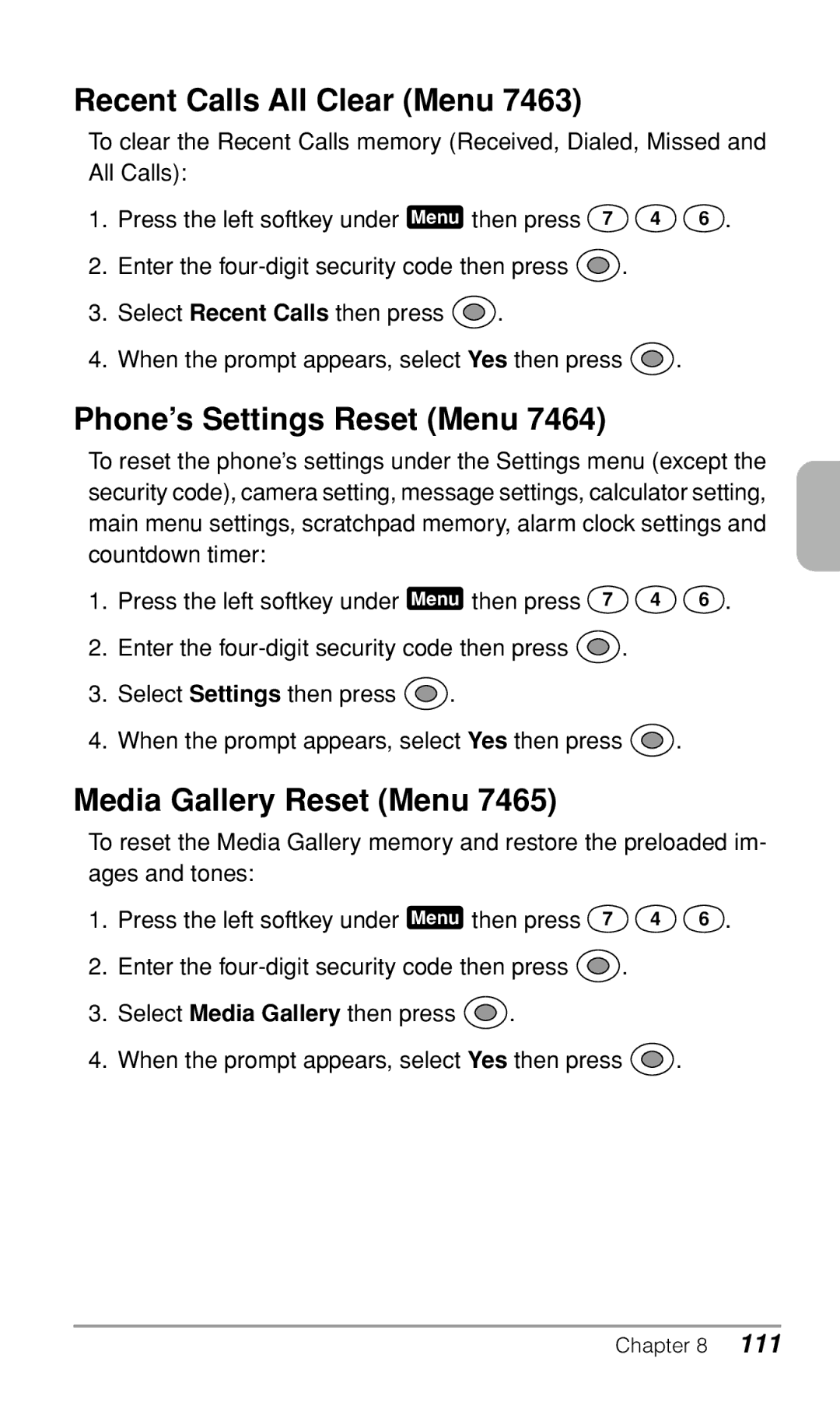 Audiovox CDM9900 owner manual Recent Calls All Clear Menu, Phone’s Settings Reset Menu, Media Gallery Reset Menu 