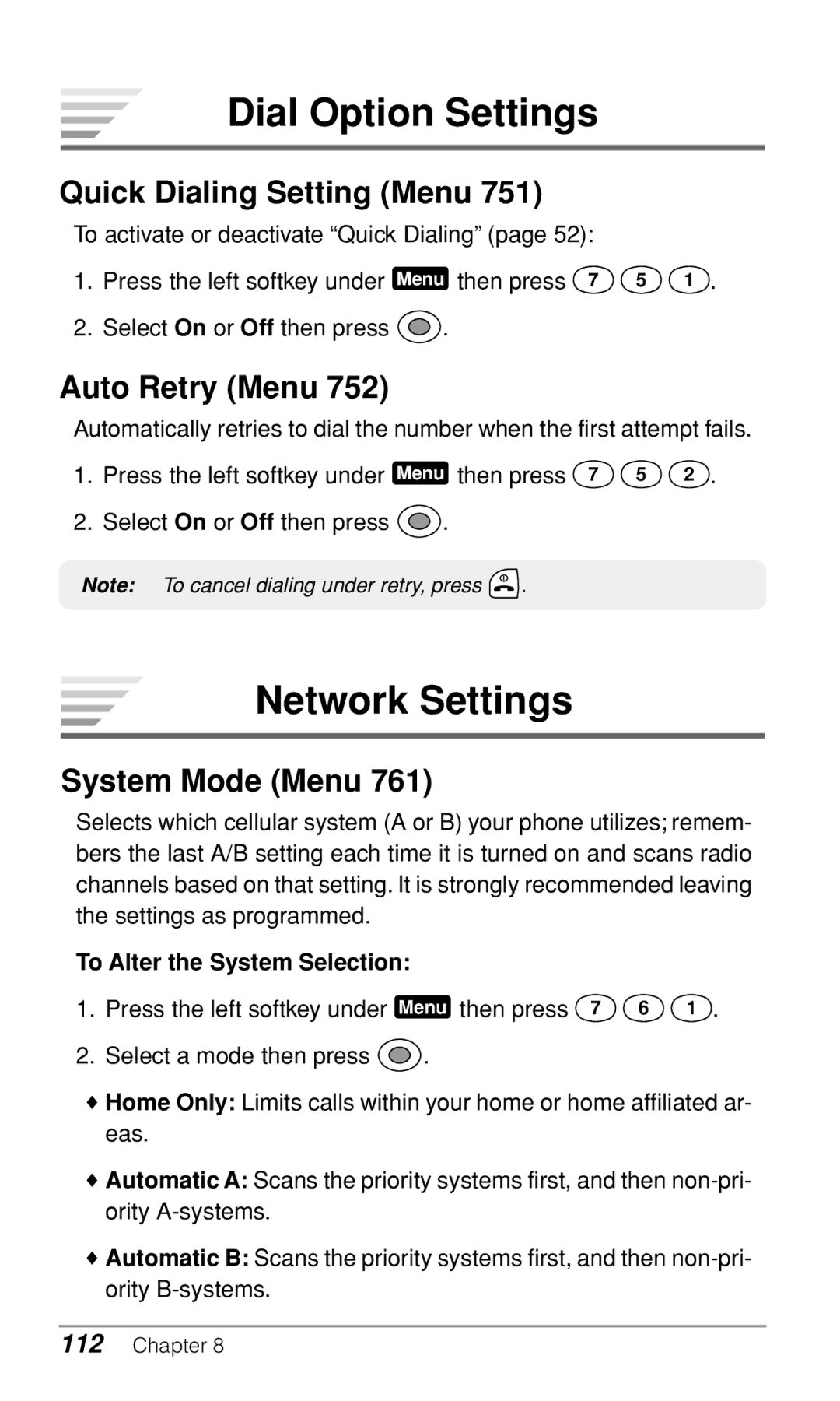 Audiovox CDM9900 Dial Option Settings, Network Settings, Quick Dialing Setting Menu, Auto Retry Menu, System Mode Menu 