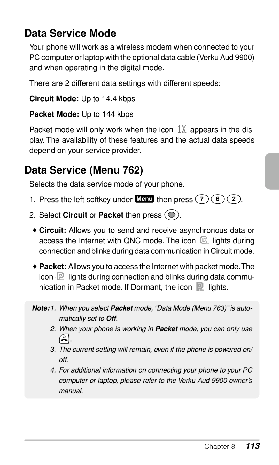 Audiovox CDM9900 owner manual Data Service Mode, Data Service Menu 