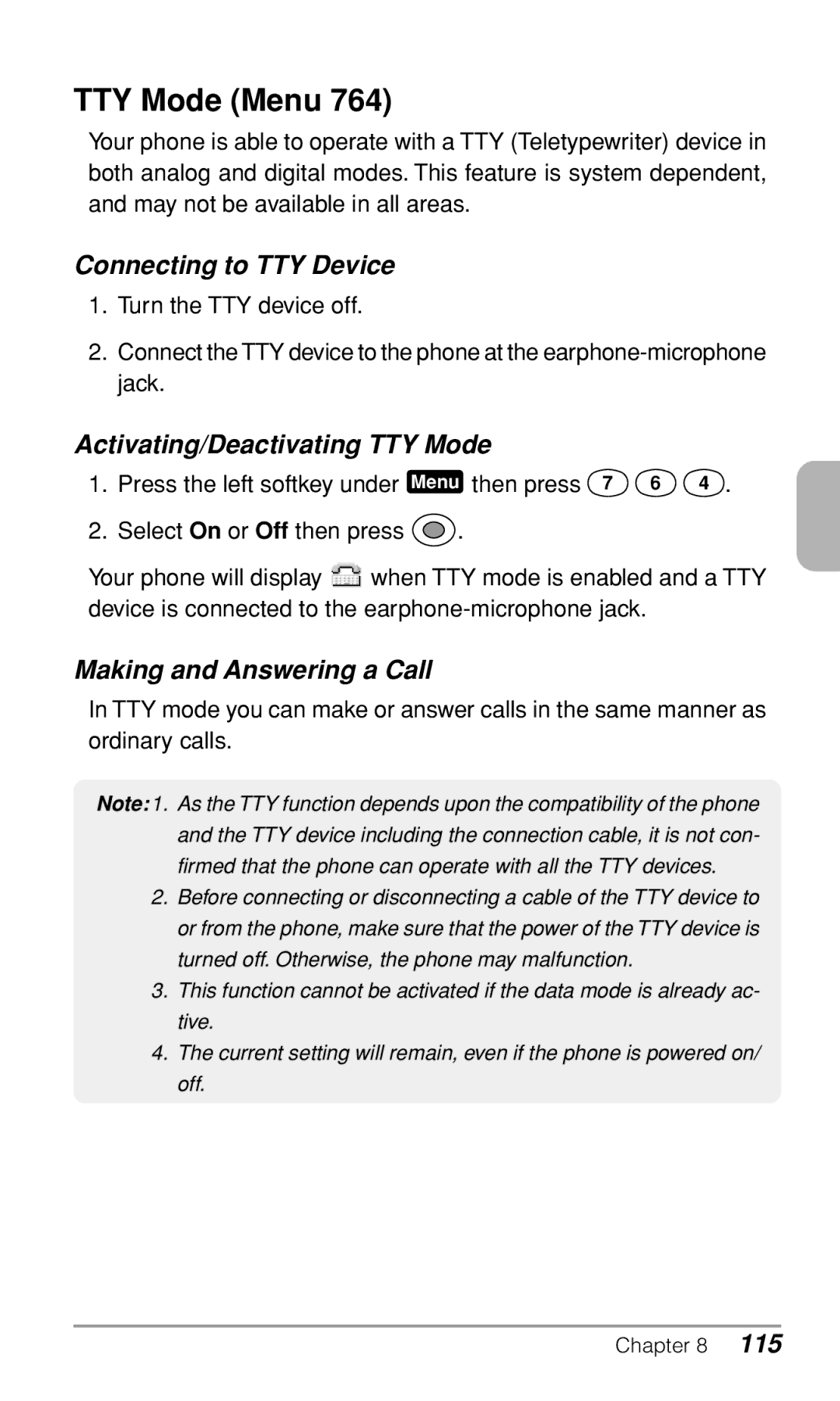 Audiovox CDM9900 TTY Mode Menu, Connecting to TTY Device, Activating/Deactivating TTY Mode, Making and Answering a Call 