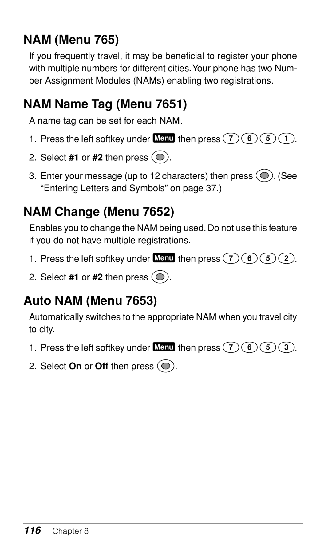 Audiovox CDM9900 owner manual NAM Name Tag Menu, NAM Change Menu, Auto NAM Menu 