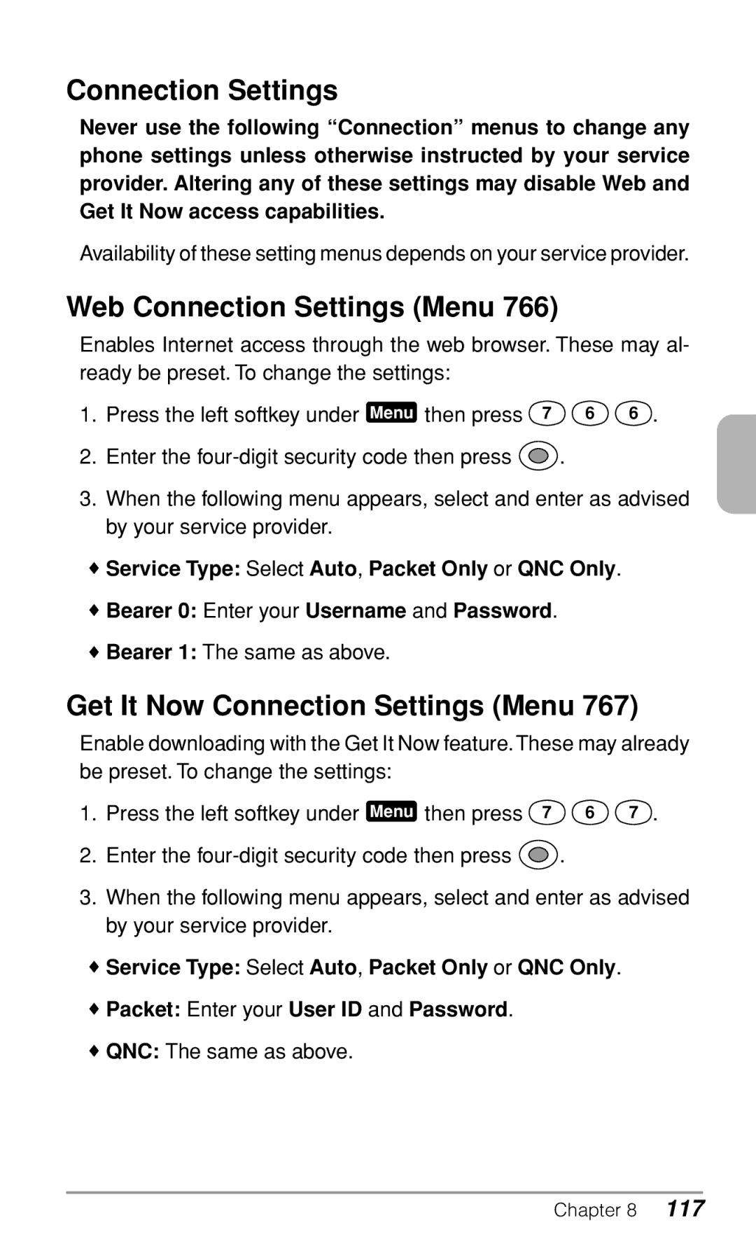 Audiovox CDM9900 owner manual Web Connection Settings Menu, Get It Now Connection Settings Menu 