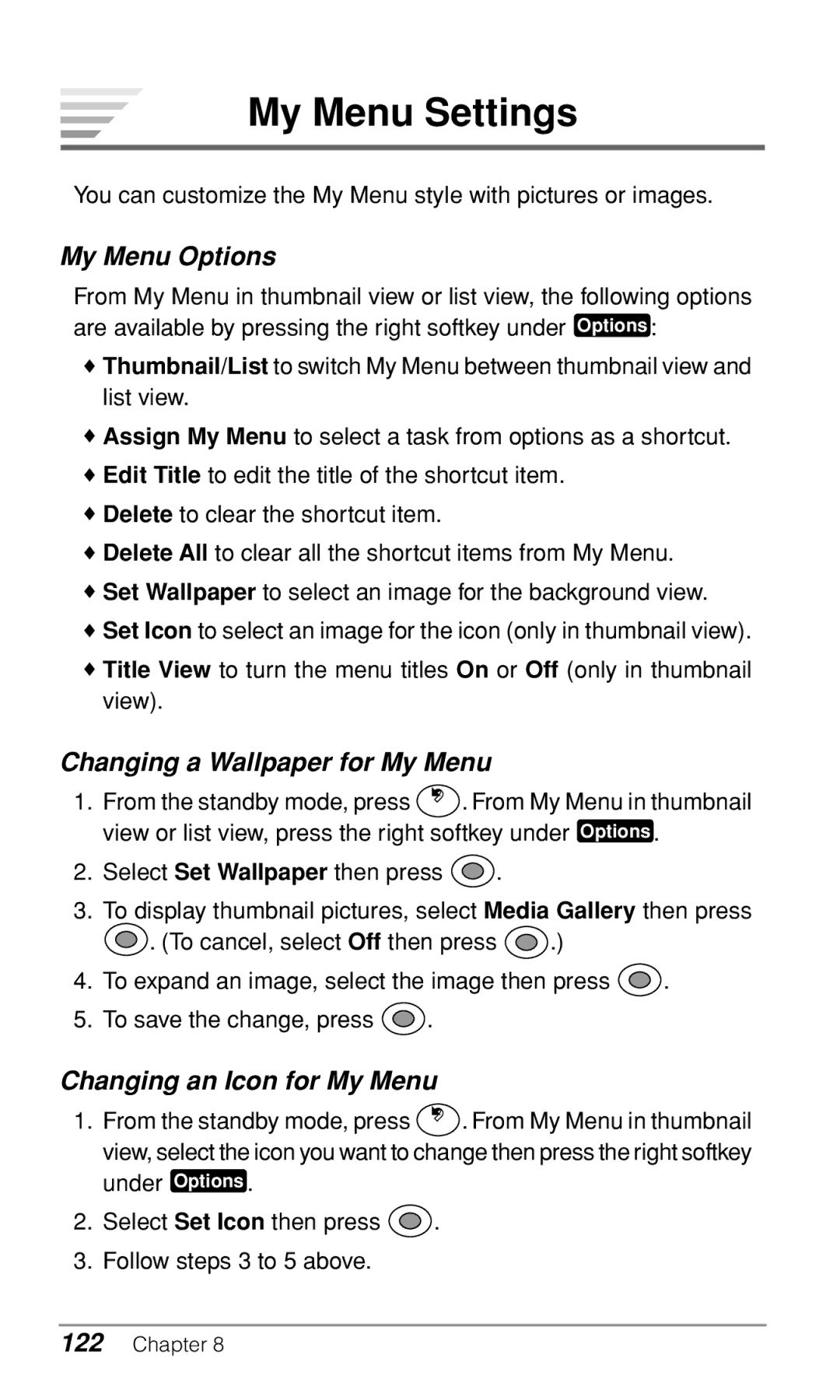 Audiovox CDM9900 My Menu Settings, My Menu Options, Changing a Wallpaper for My Menu, Changing an Icon for My Menu 